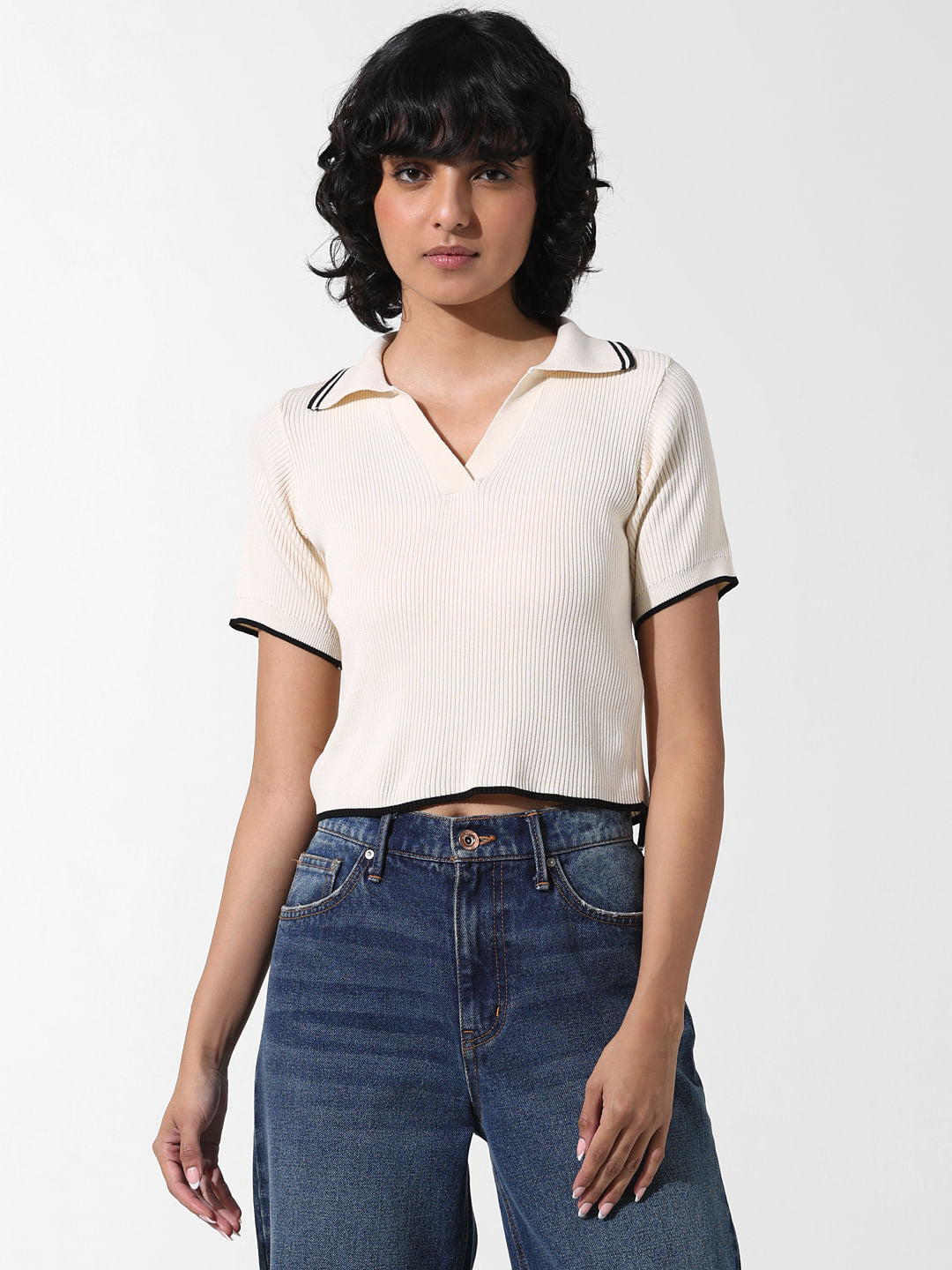 Beige Ribbed Polo T-Shirt