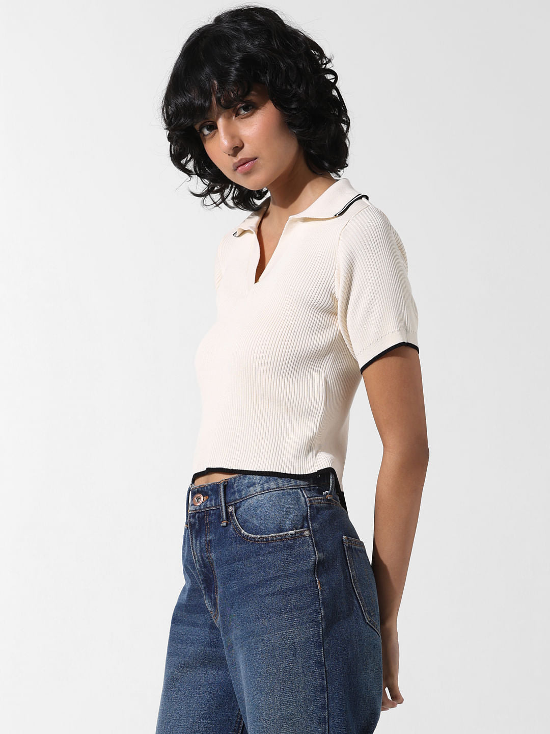 Beige Ribbed Polo T-Shirt