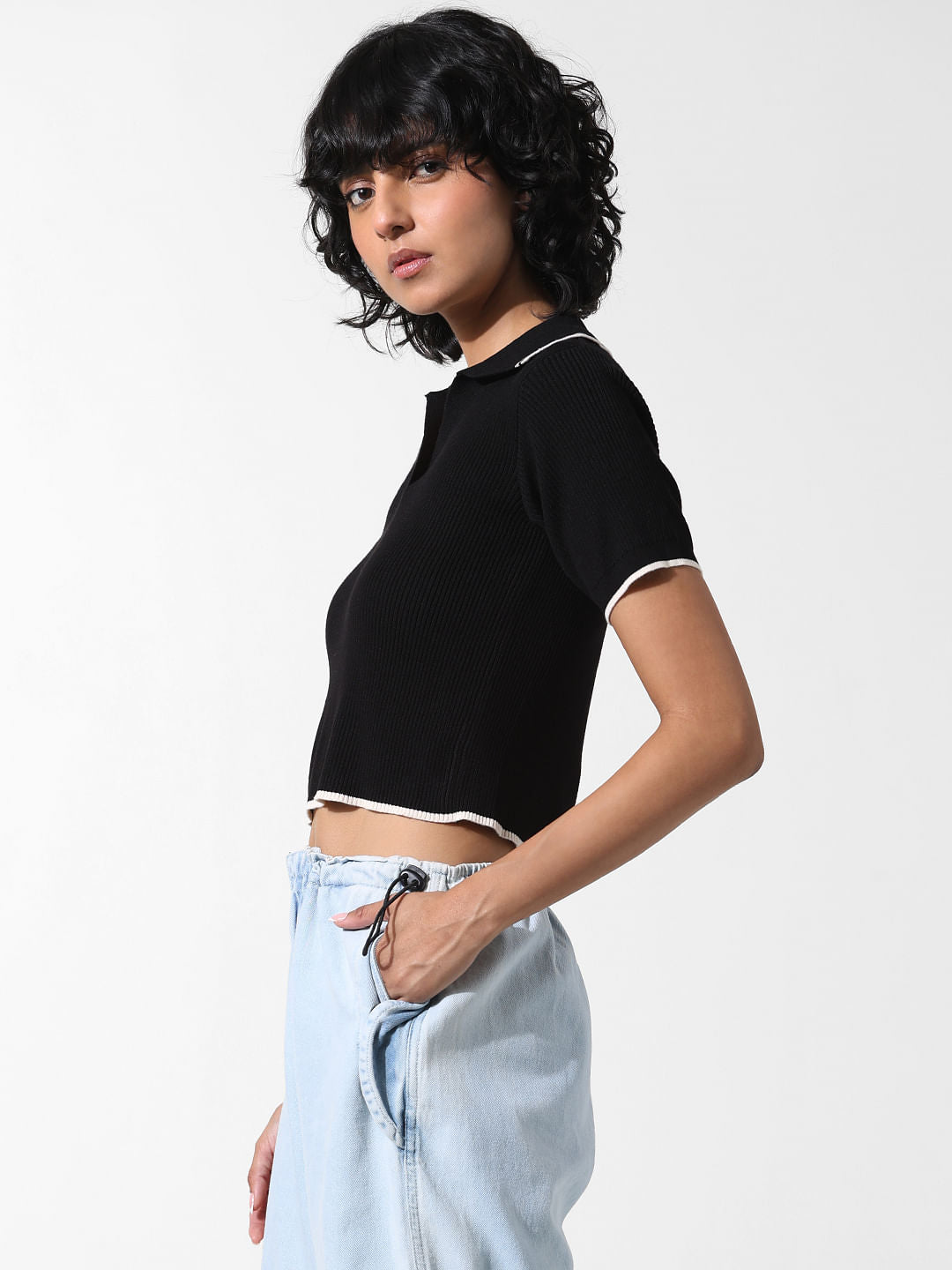 Black Ribbed Polo T-Shirt