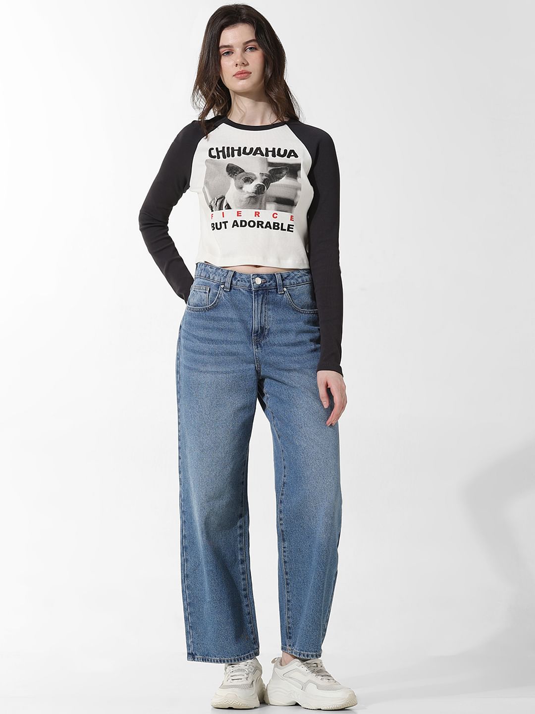 White Ribbed Printed T-Shirt