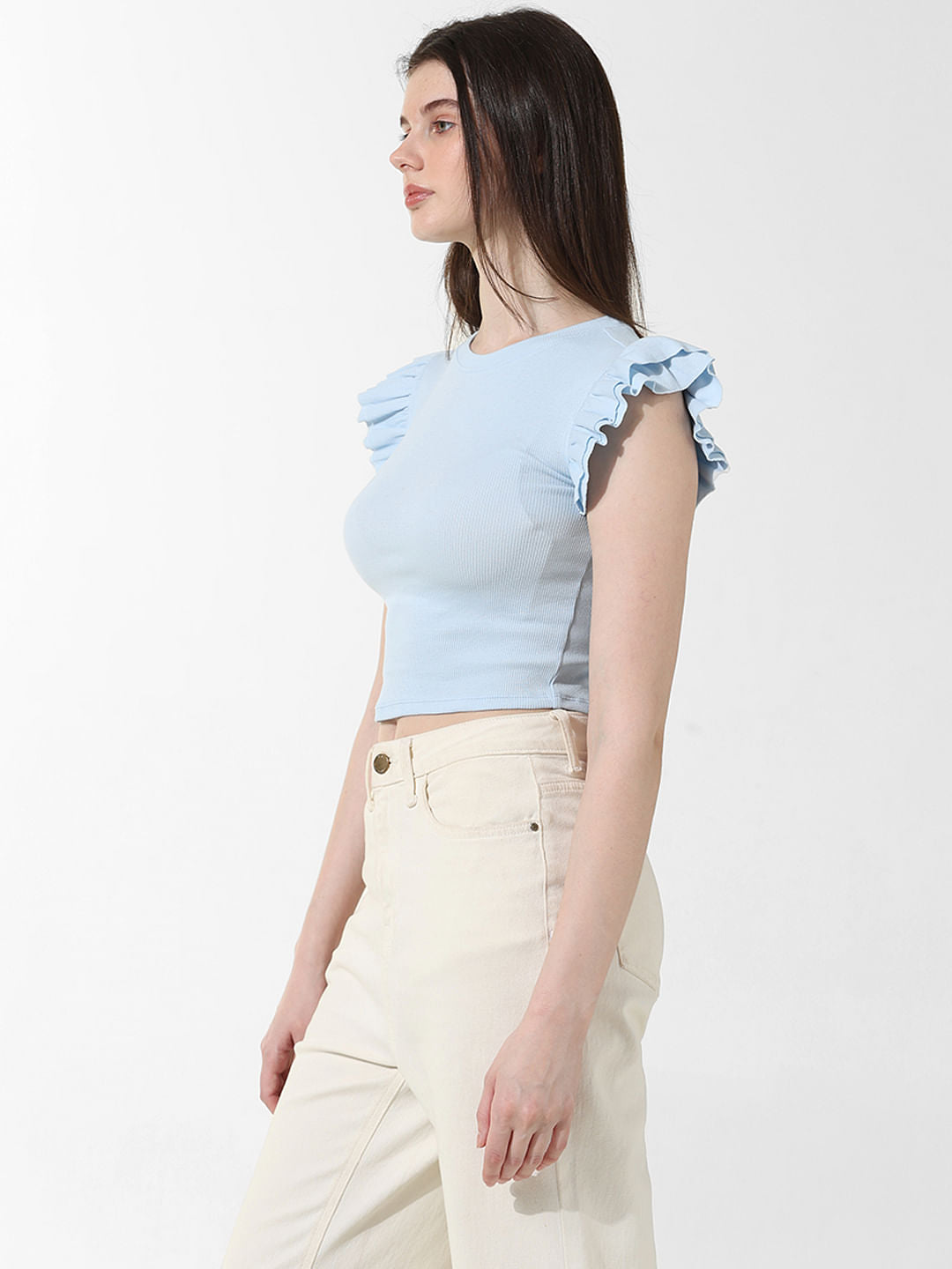 Light Blue Frill Trimmer Crop T-Shirt