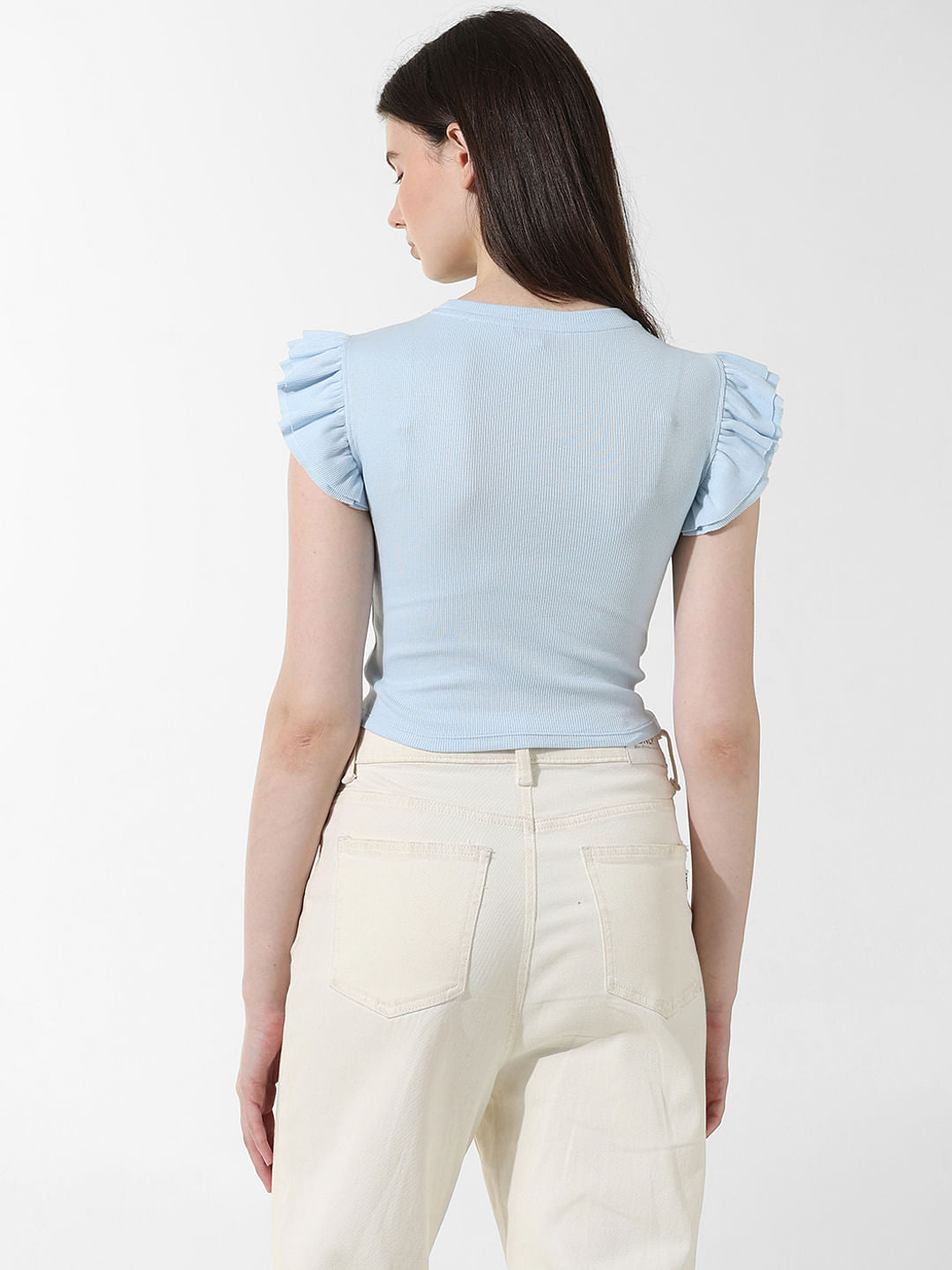 Light Blue Frill Trimmer Crop T-Shirt