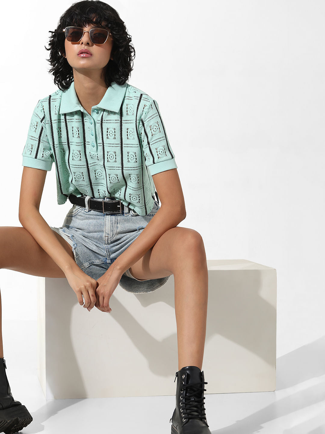 Green Self-Design Polo T-Shirt