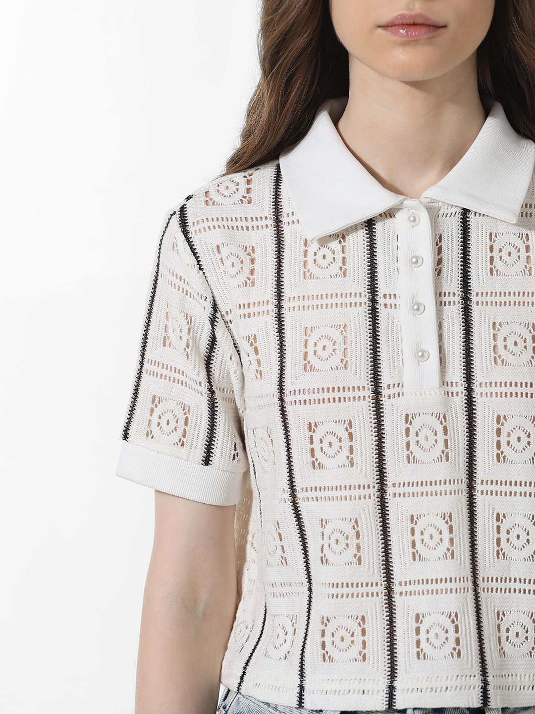 White Crochet Polo T-Shirt