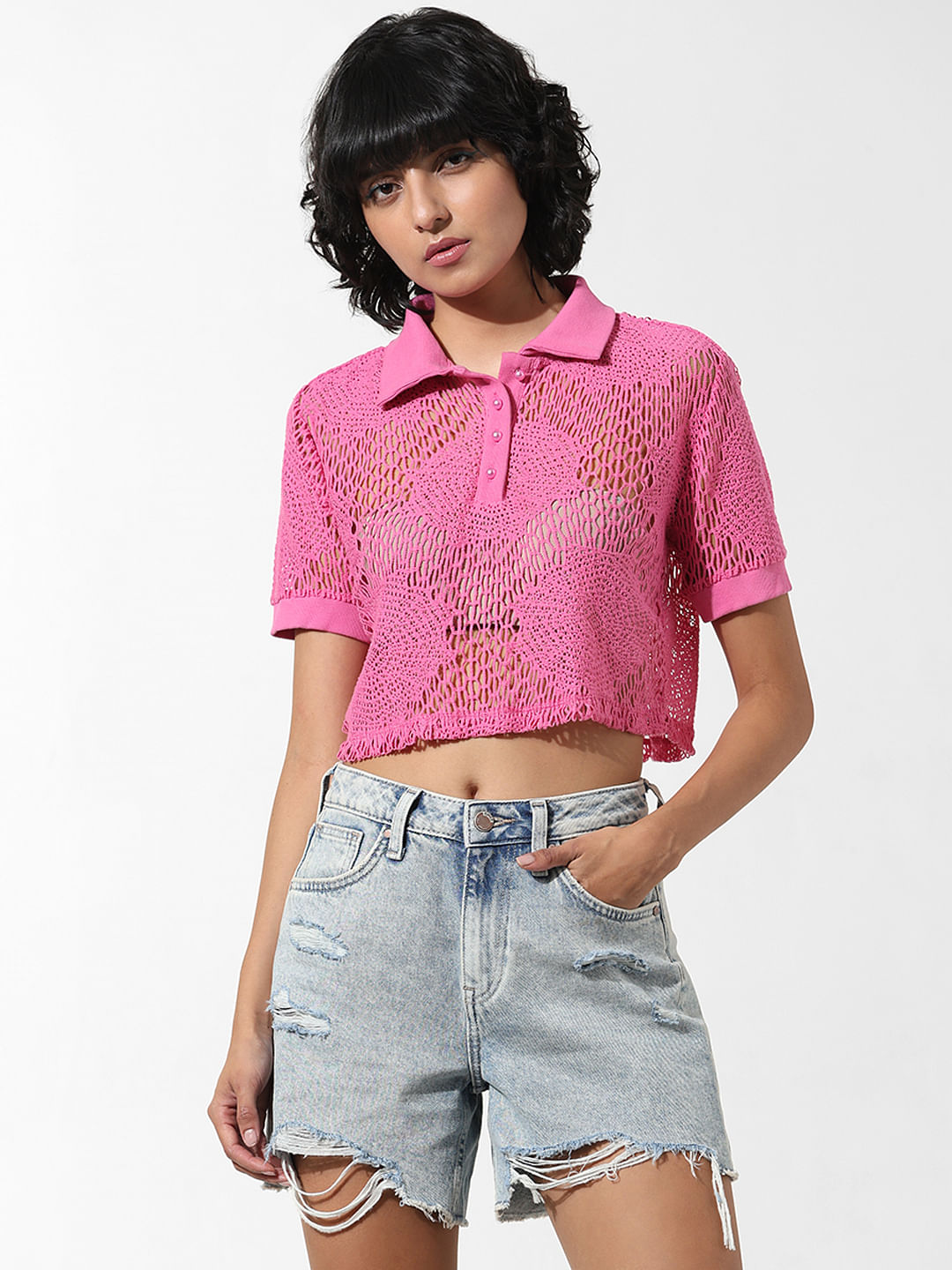 Pink Crochet Polo T-Shirt