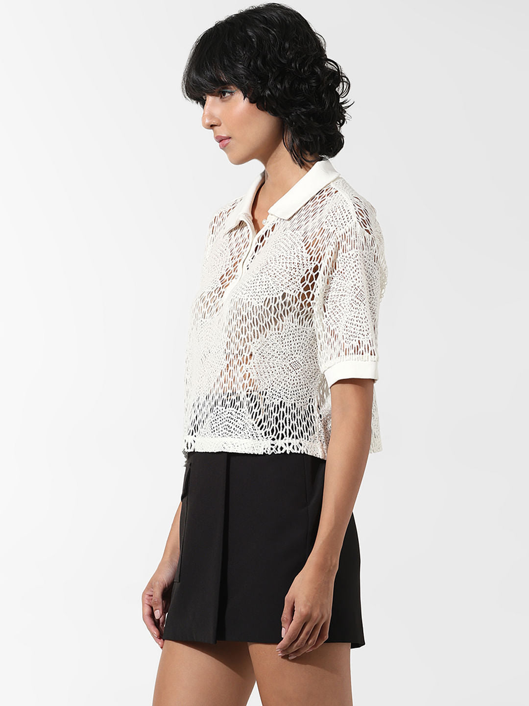 White Crochet Polo T-Shirt