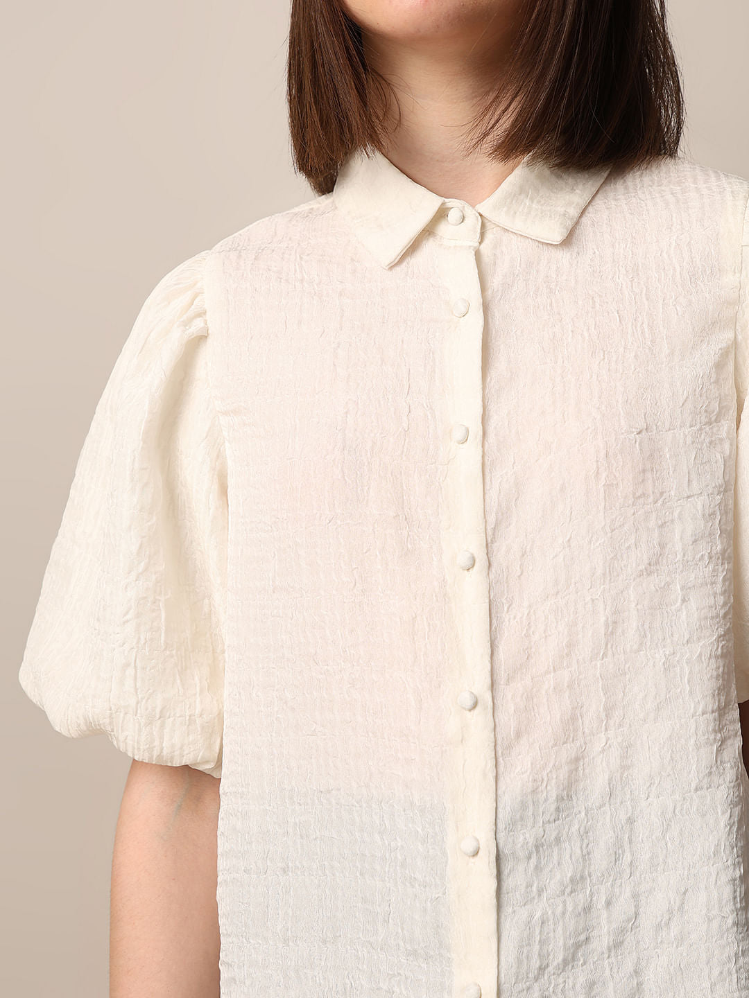 White Textured Balloon Sleeves Shirt