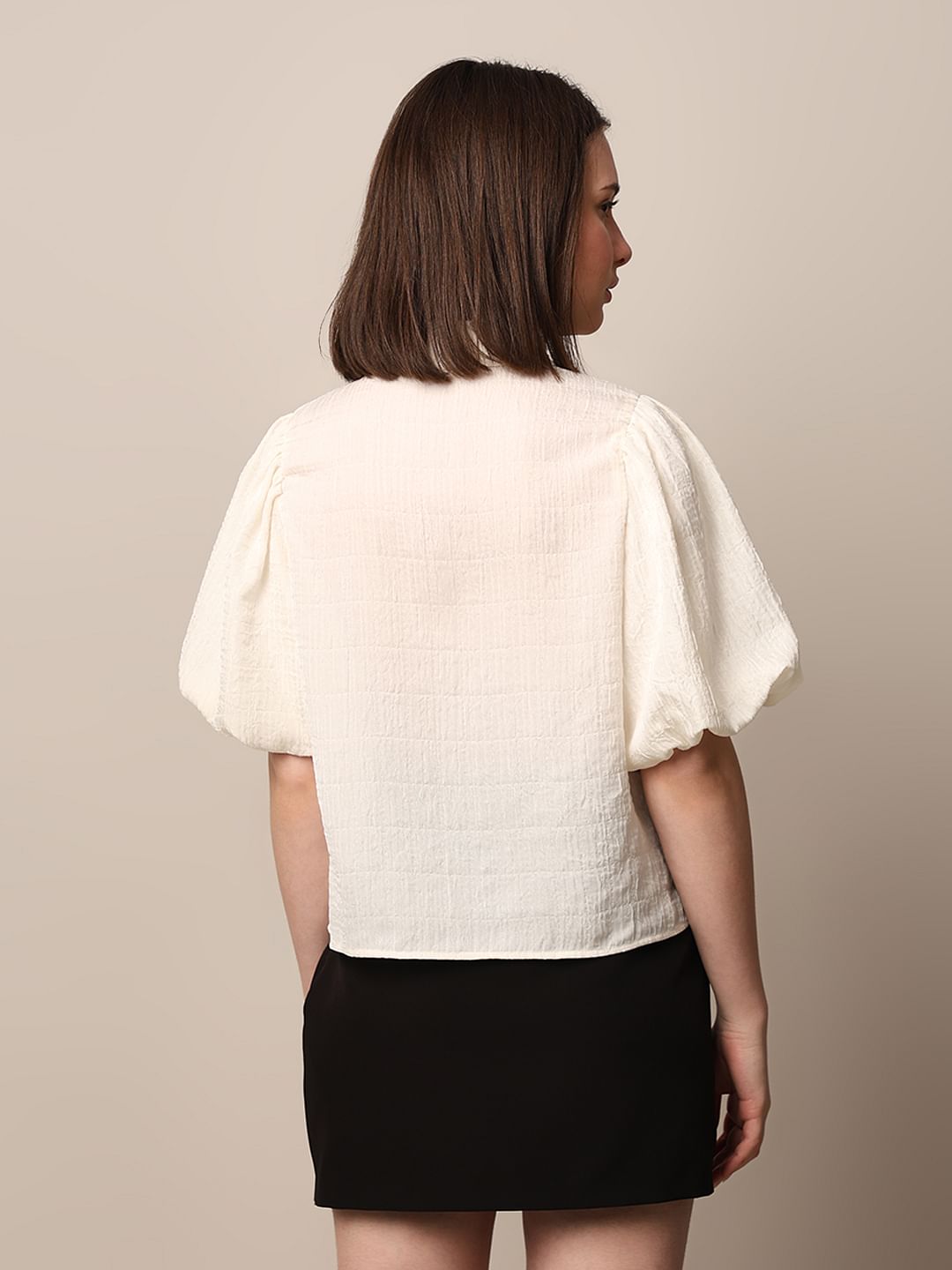 White Textured Balloon Sleeves Shirt