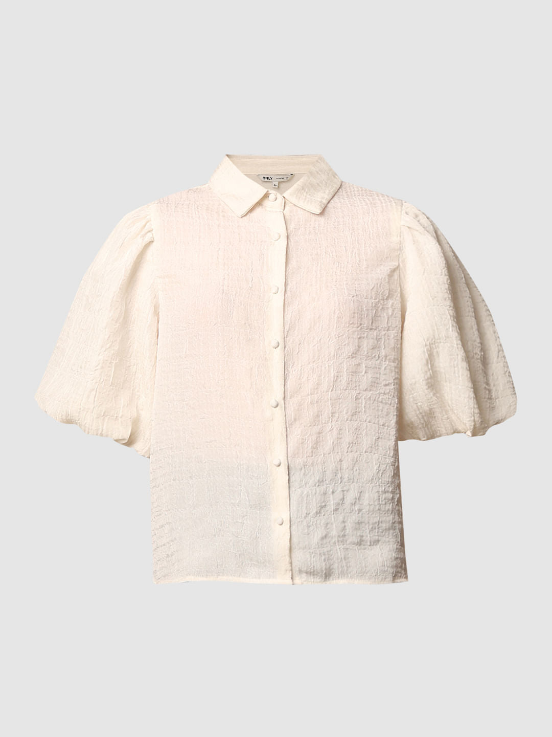 White Textured Balloon Sleeves Shirt