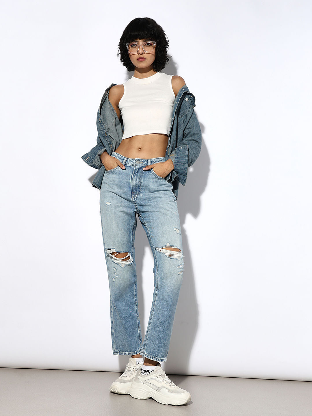 Light Blue Distressed Straight Fit Jeans