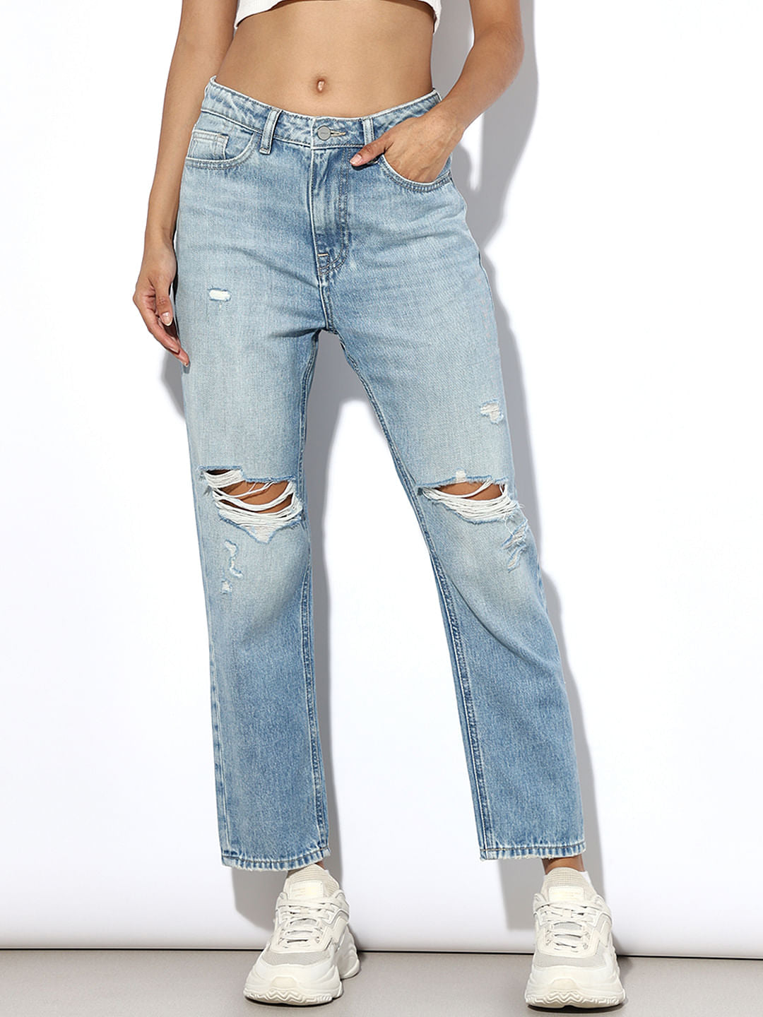 Light Blue Distressed Straight Fit Jeans
