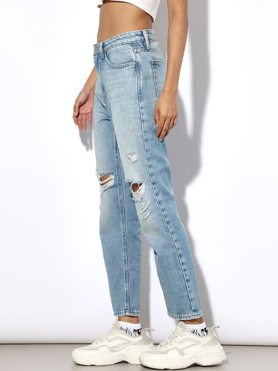 Light Blue Distressed Straight Fit Jeans