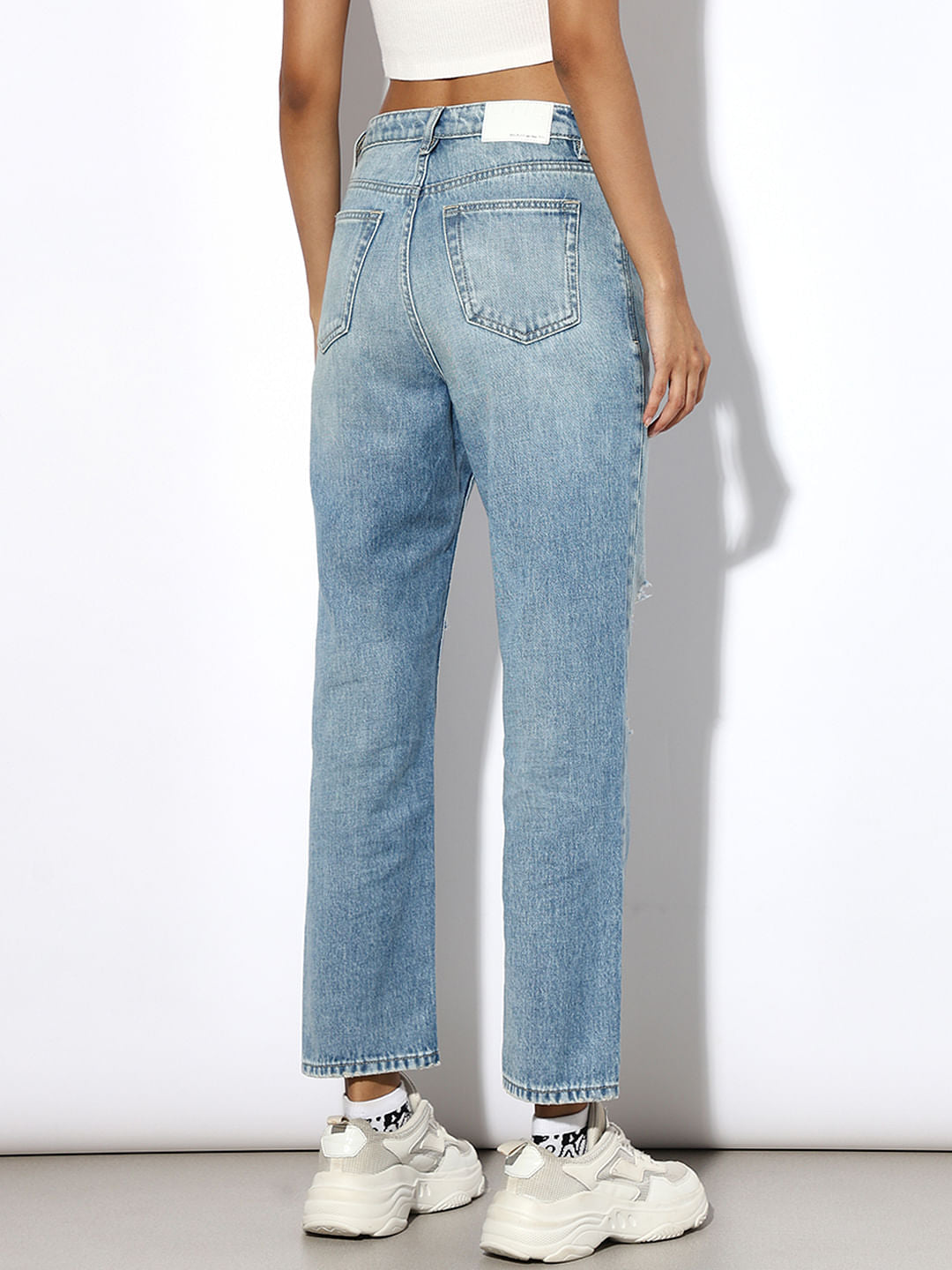 Light Blue Distressed Straight Fit Jeans