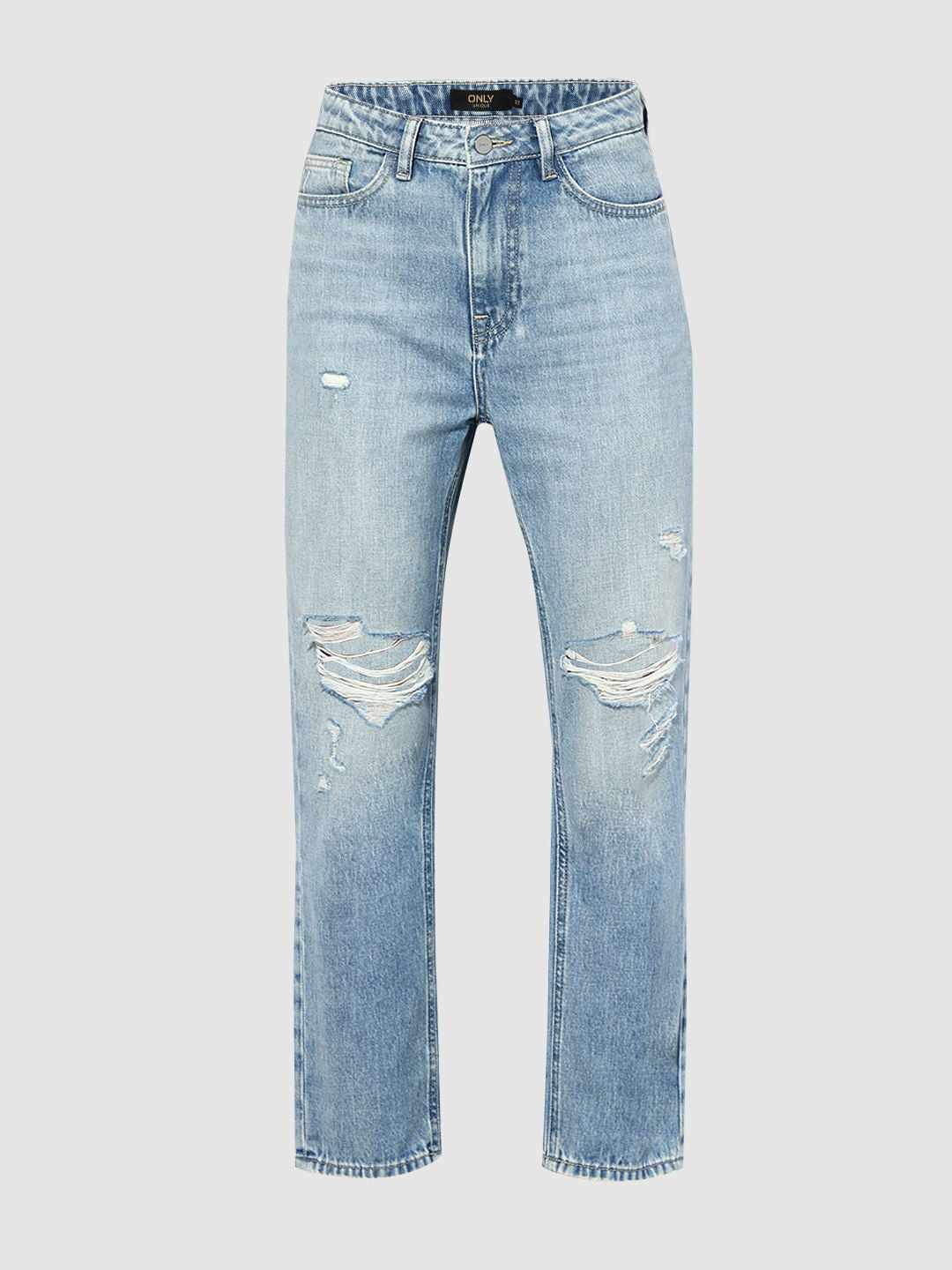 Light Blue Distressed Straight Fit Jeans