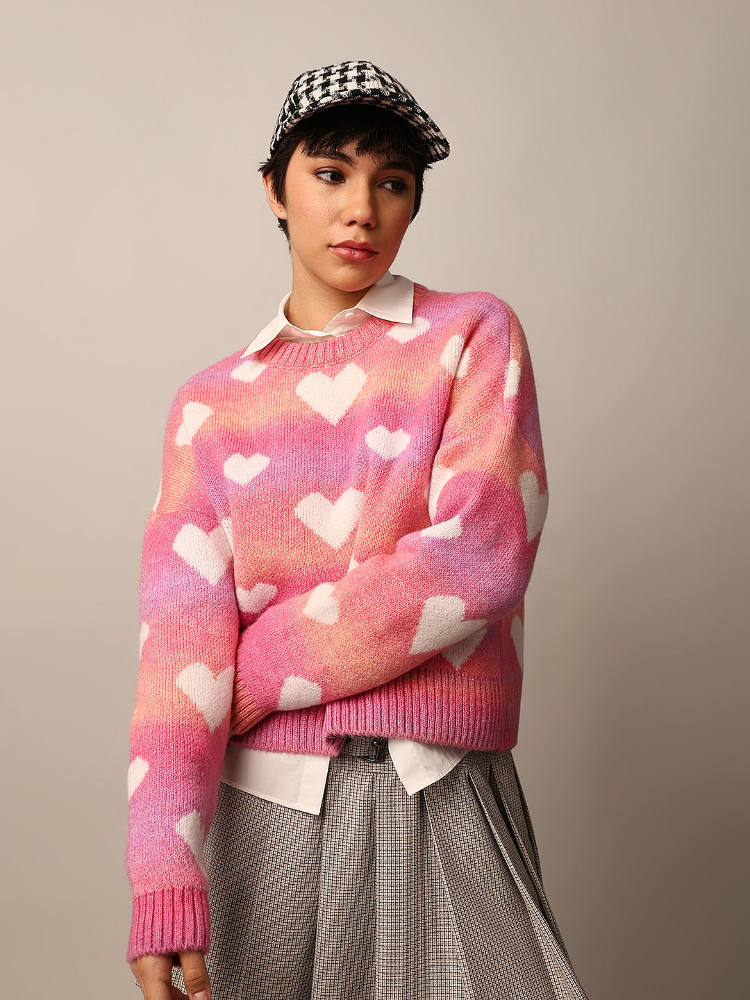 Pink Heart Printed Jacquard Knit Pullover