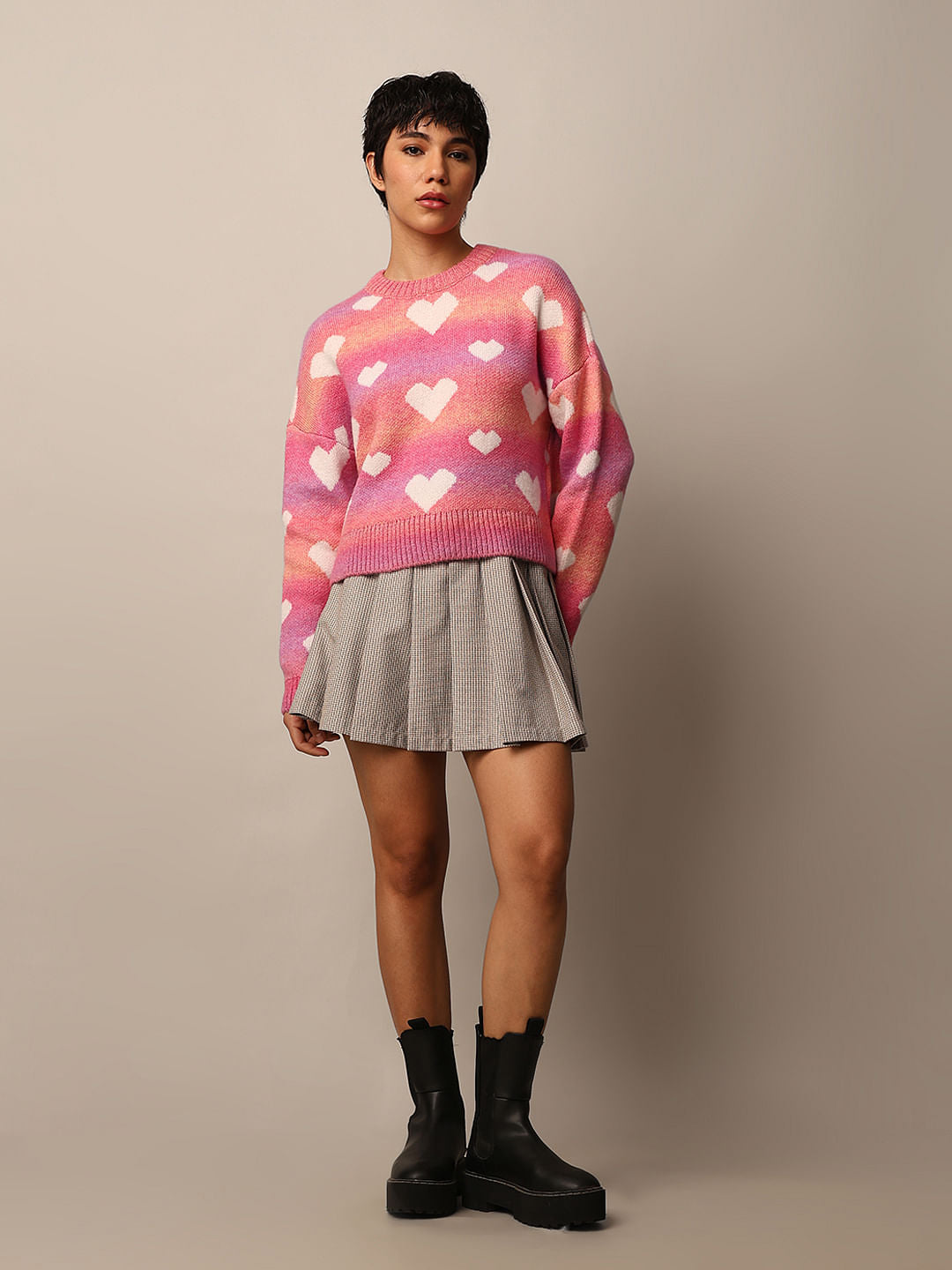 Pink Heart Printed Jacquard Knit Pullover