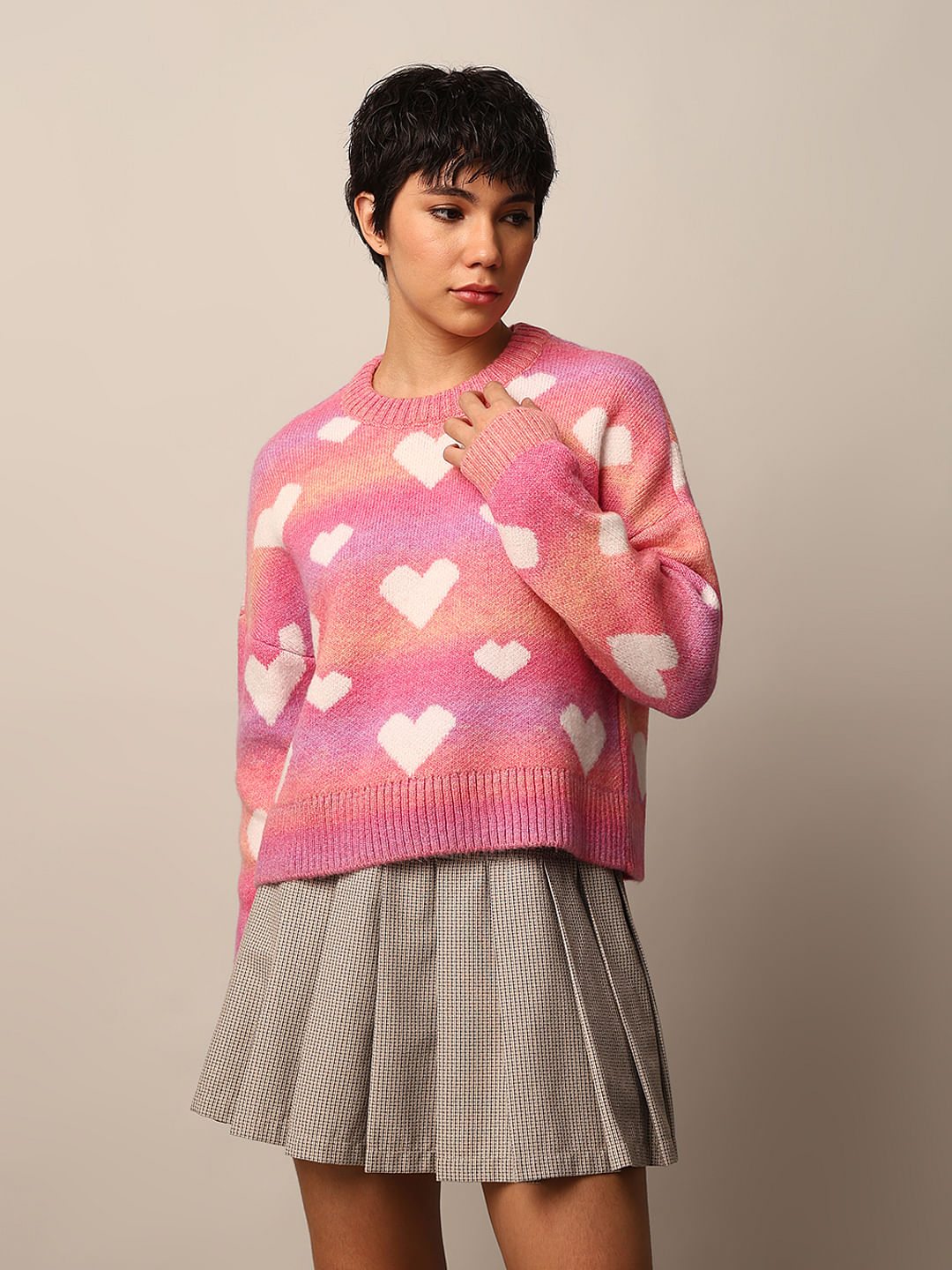 Pink Heart Printed Jacquard Knit Pullover