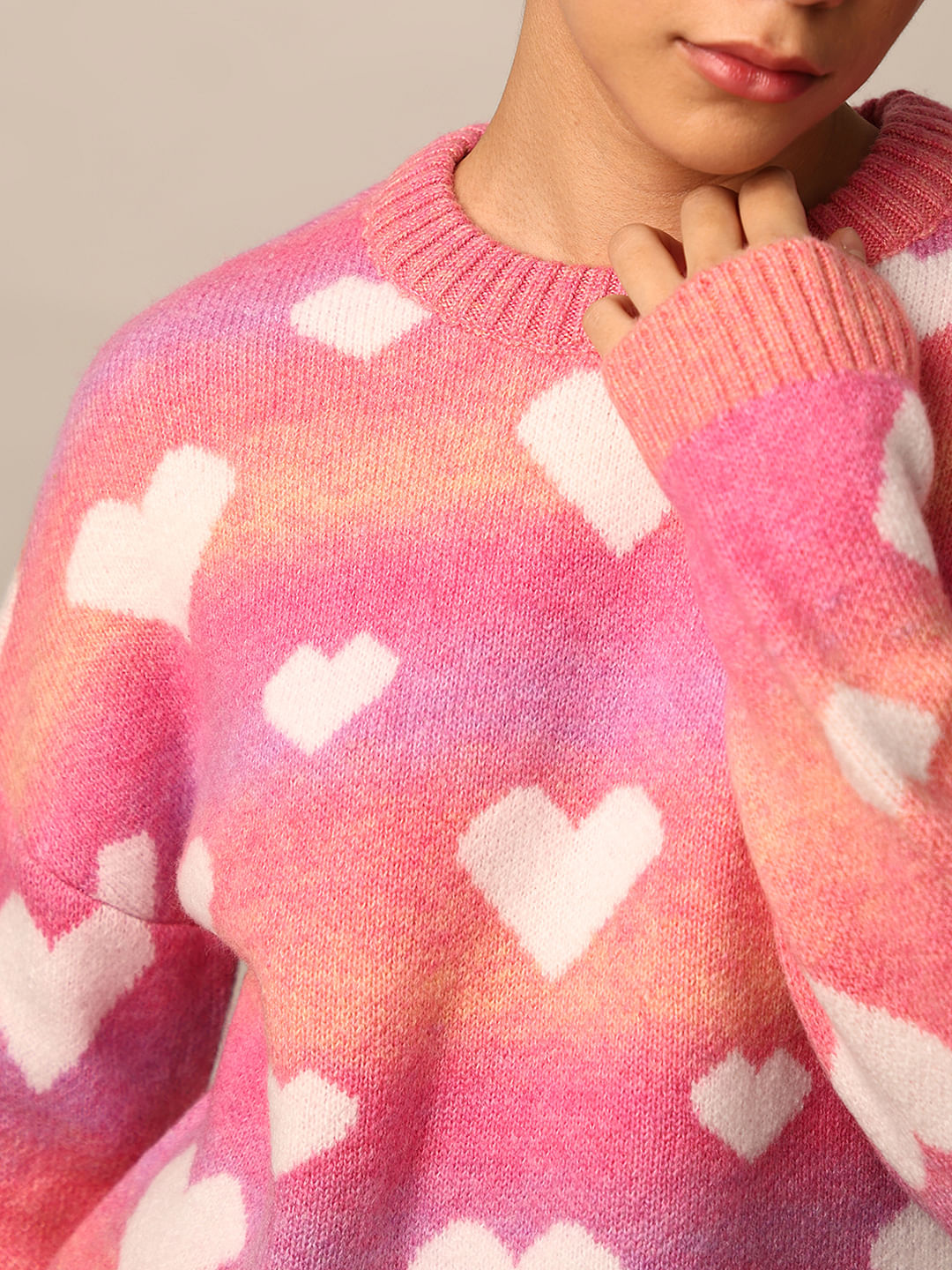 Pink Heart Printed Jacquard Knit Pullover