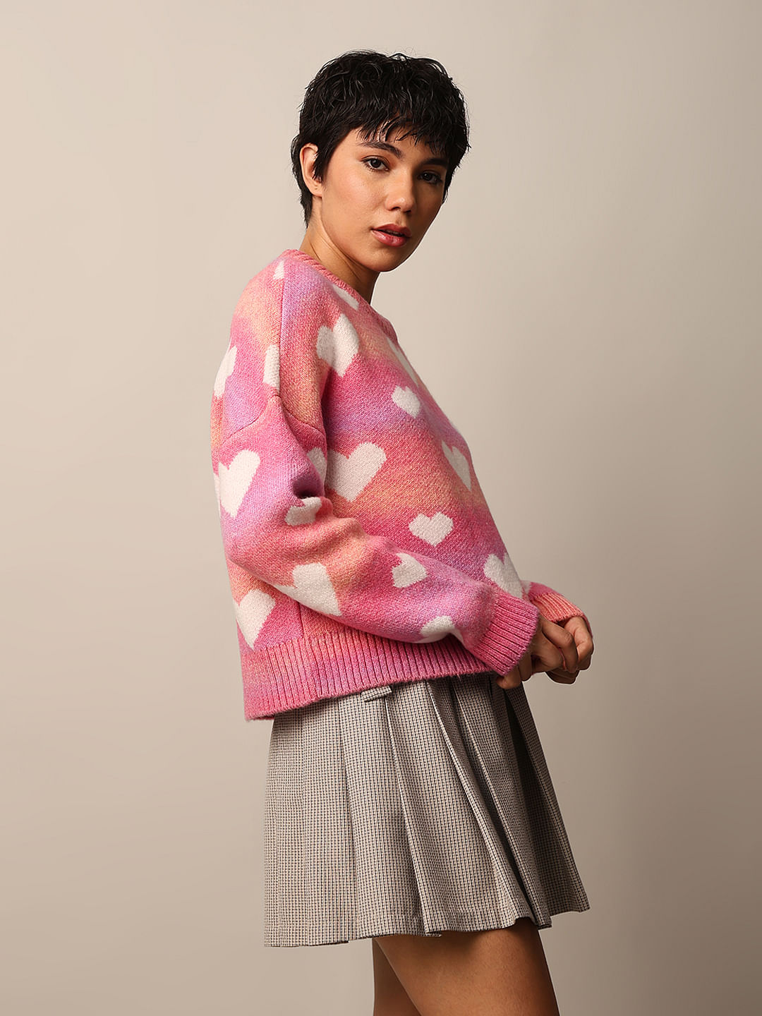 Pink Heart Printed Jacquard Knit Pullover