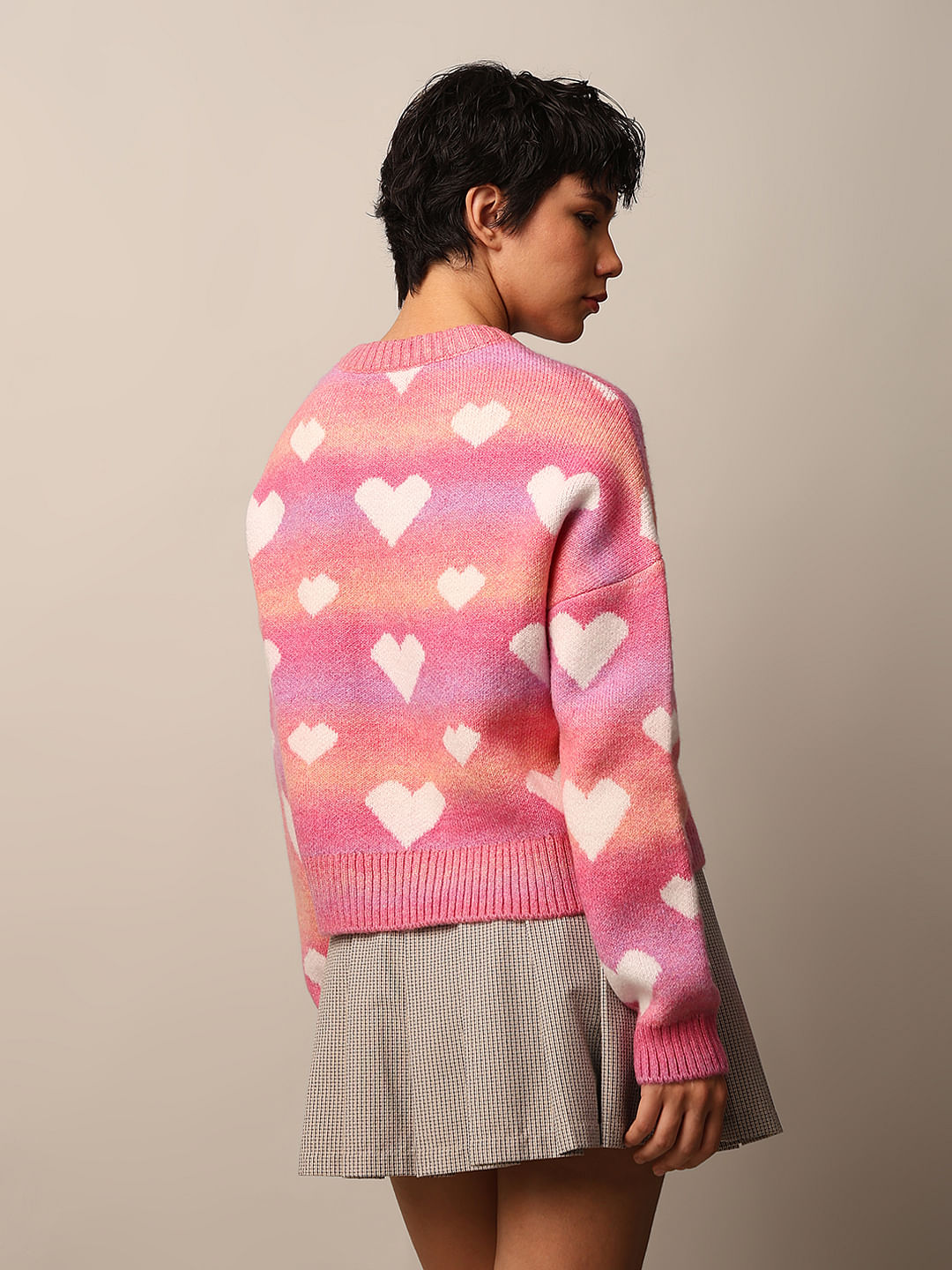 Pink Heart Printed Jacquard Knit Pullover