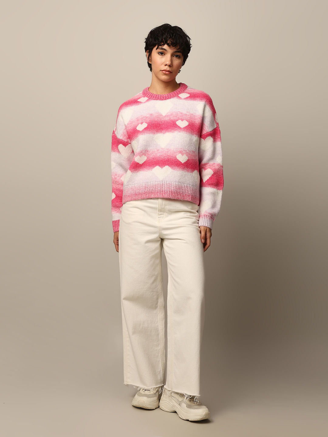 Pink Heart Print Jacquard Pullover