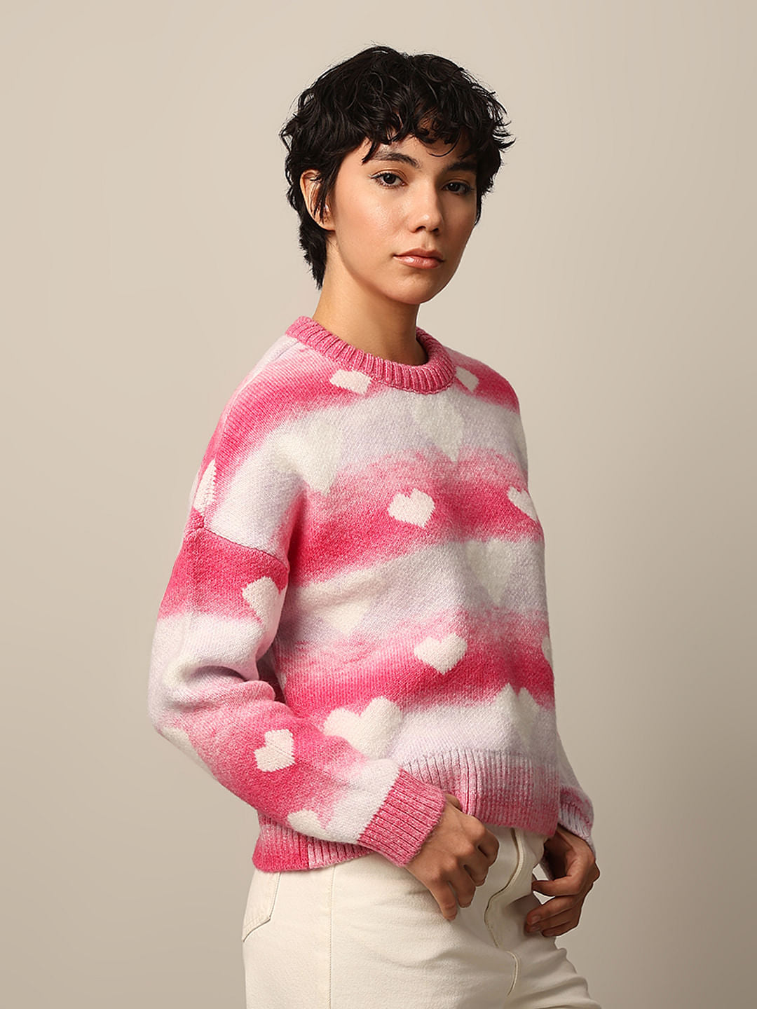 Pink Heart Print Jacquard Pullover