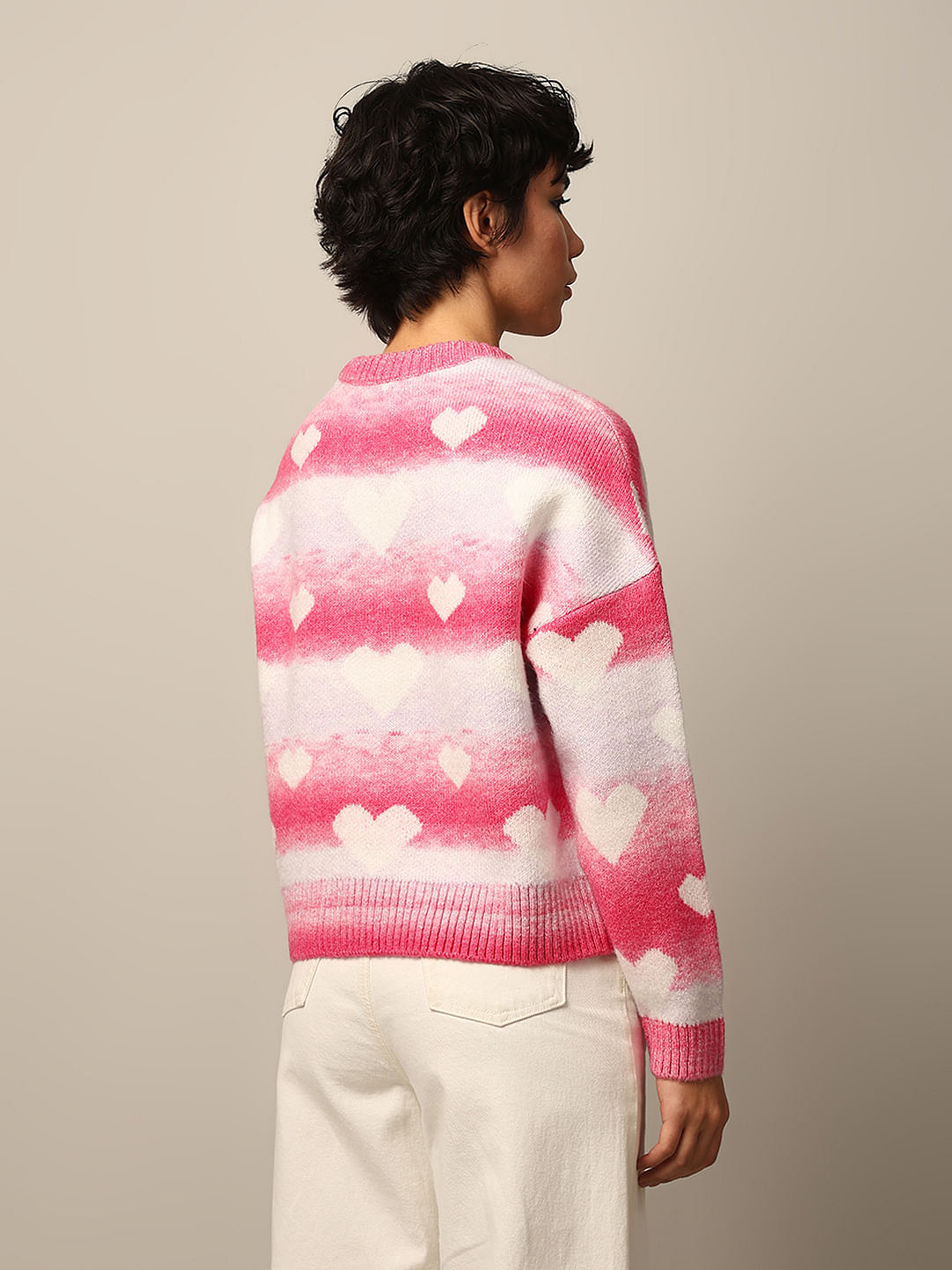 Pink Heart Print Jacquard Pullover