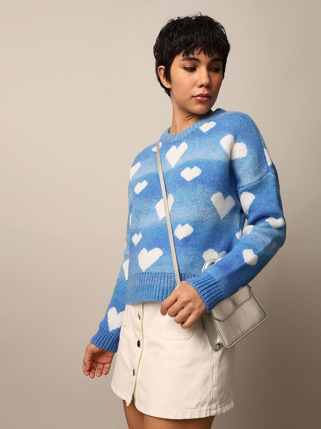 Blue Heart Printed Jacquard Knit Pullover