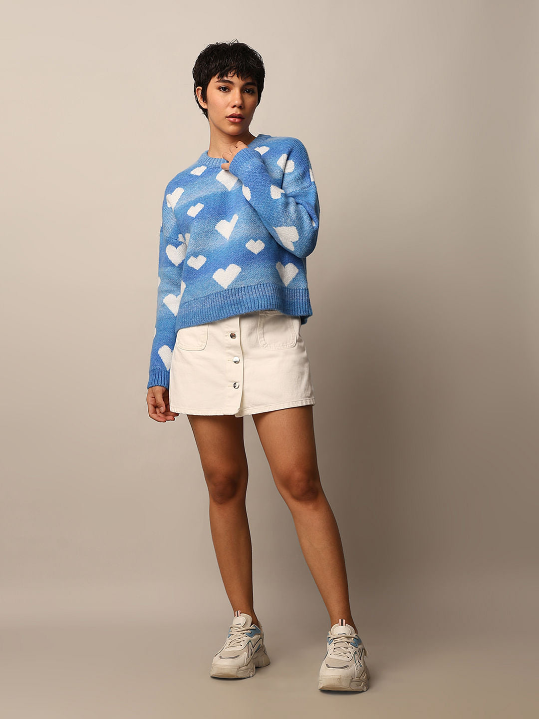 Blue Heart Printed Jacquard Knit Pullover