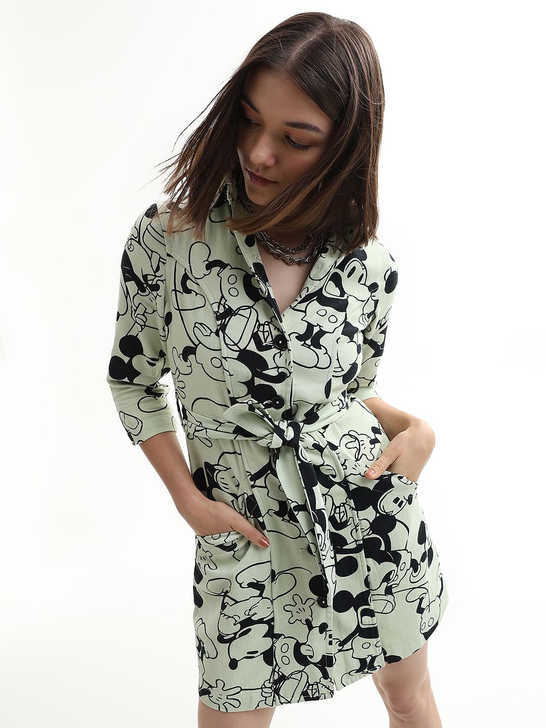 Mickey Green Printed Cotton Shirt Dress