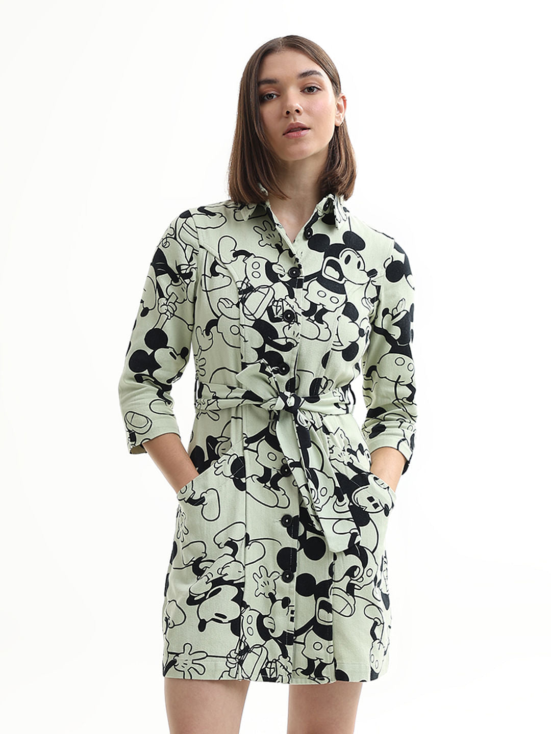 Mickey Green Printed Cotton Shirt Dress
