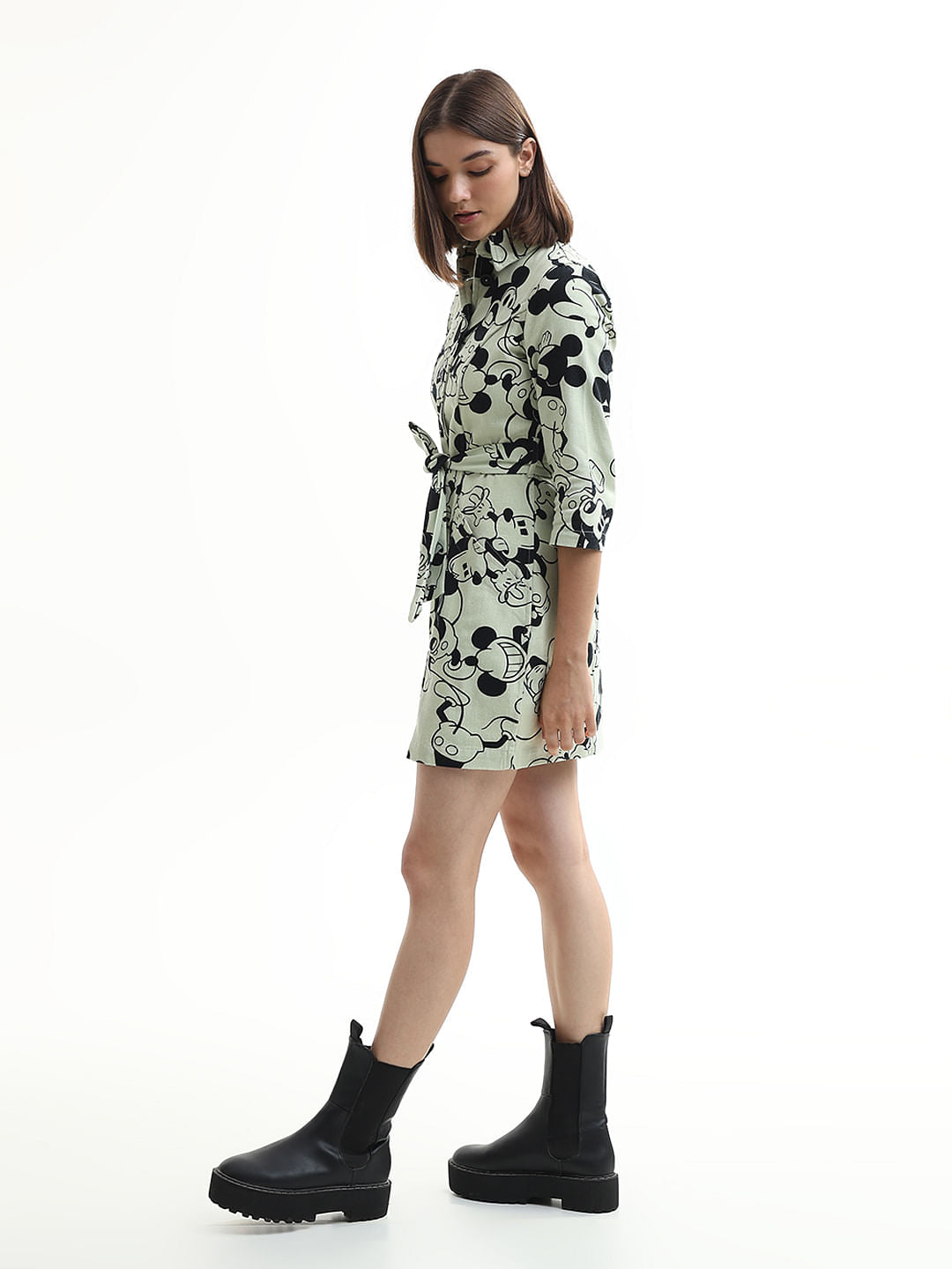 Mickey Green Printed Cotton Shirt Dress