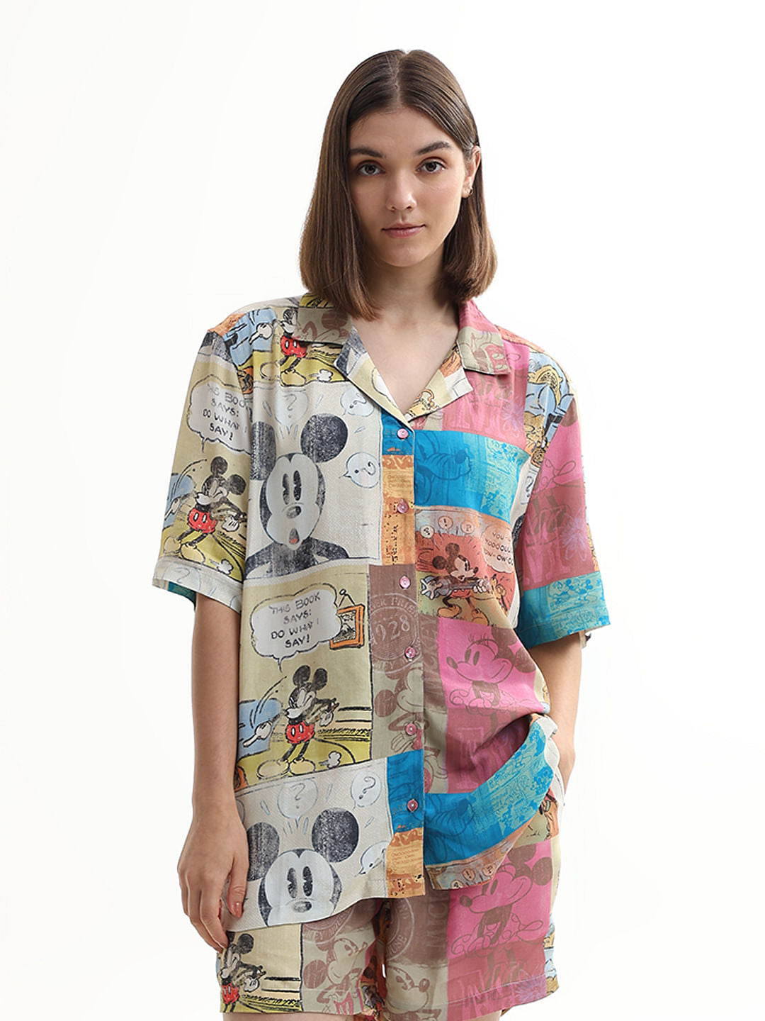 Mickey Beige Printed Unisex Co-Ord Set Shirt