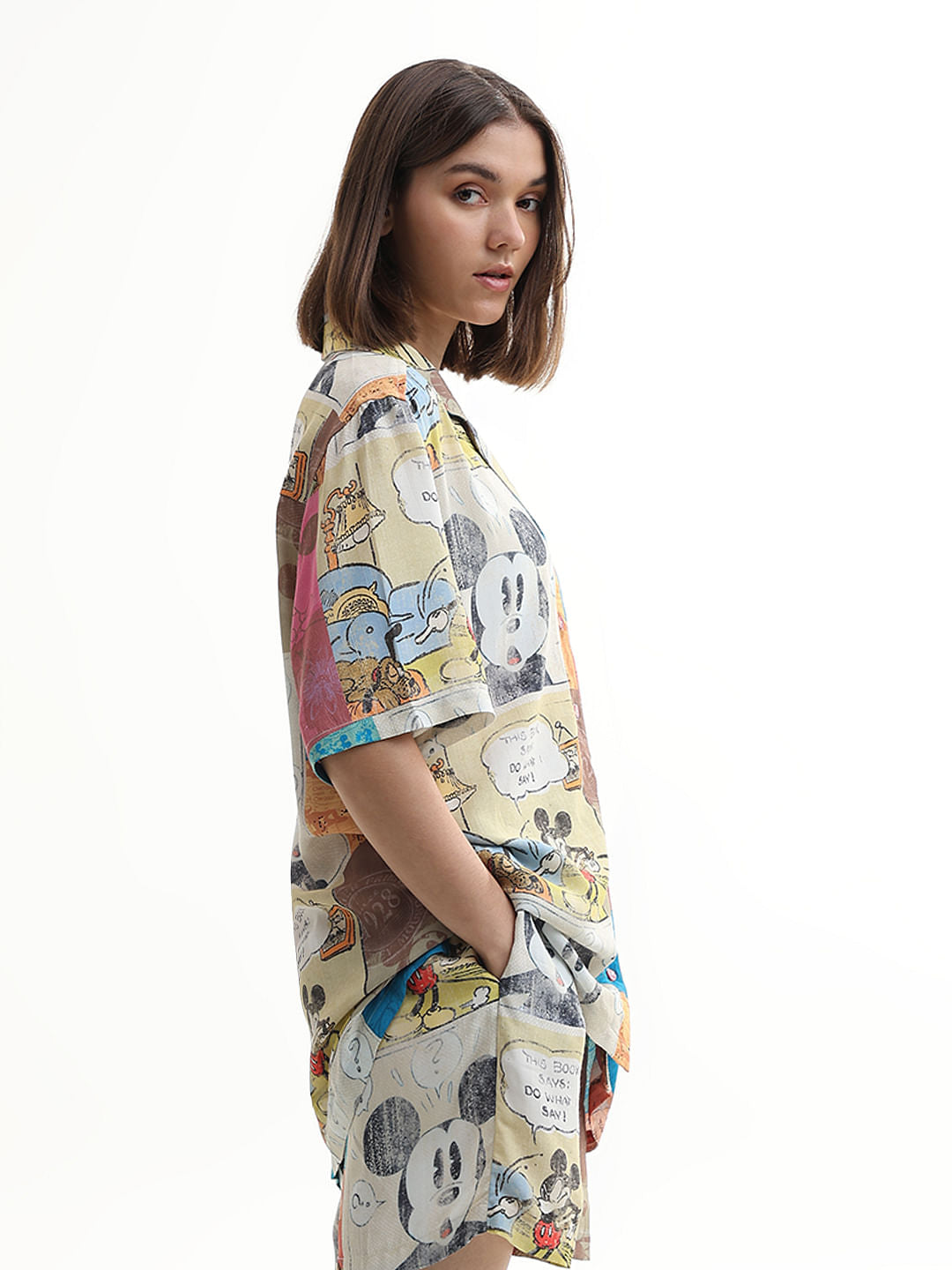 Mickey Beige Printed Unisex Co-Ord Set Shirt