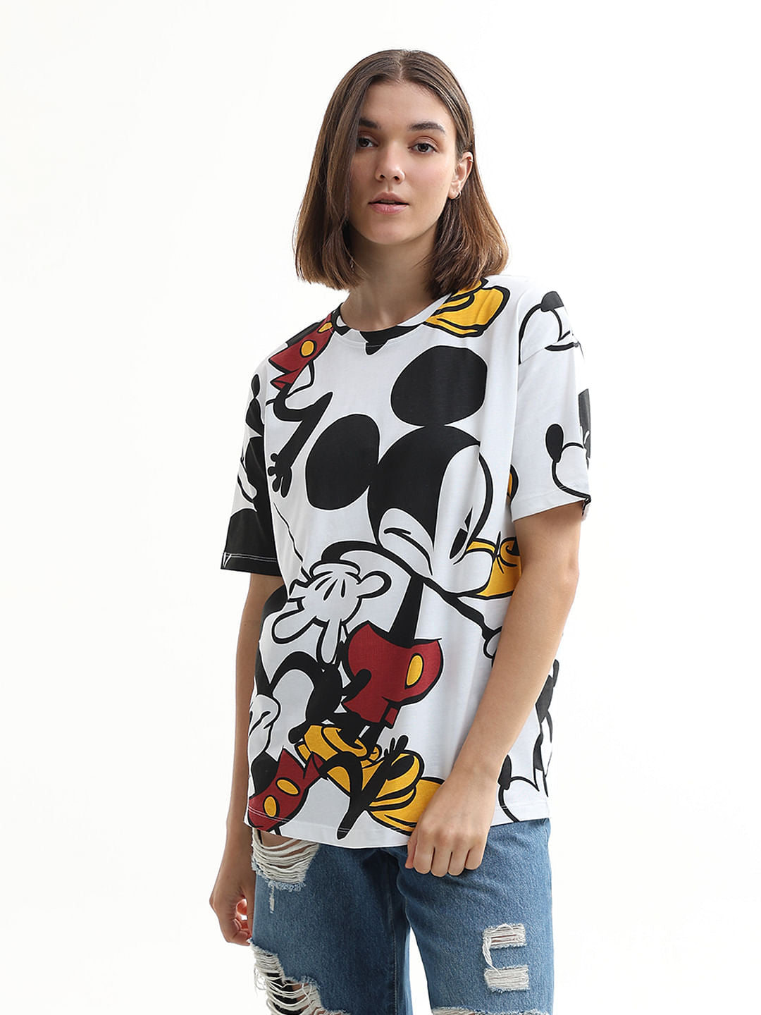 Mickey White Printed Cotton T-Shirt