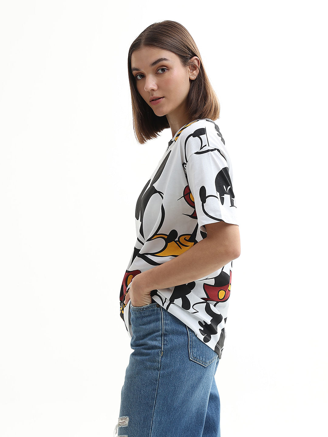 Mickey White Printed Cotton T-Shirt