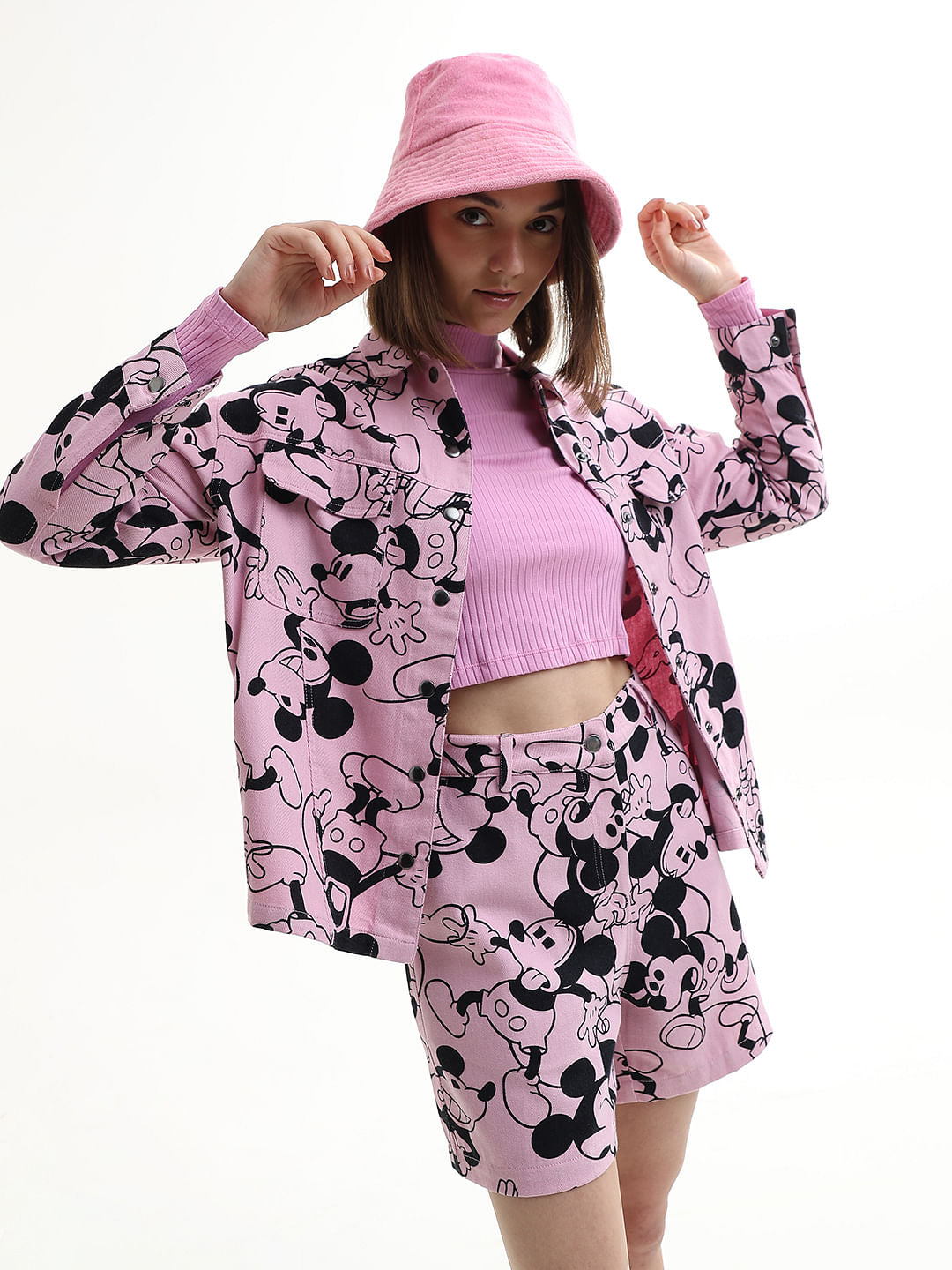 Mickey Pink Printed Co-Ord Set Denim Jacket