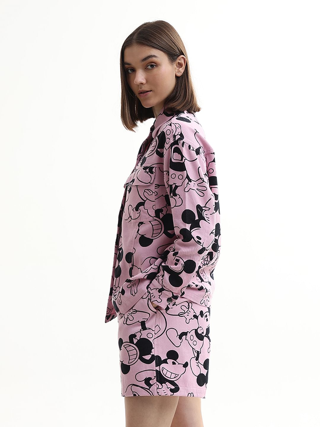 Mickey Pink Printed Co-Ord Set Denim Jacket