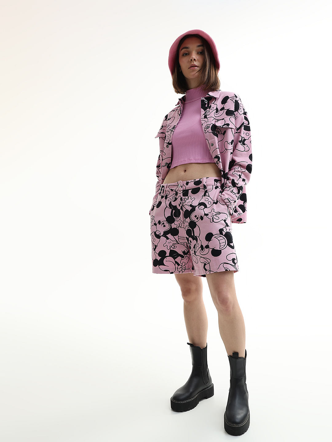 Mickey Pink Printed Co-Ord Set Denim Shorts