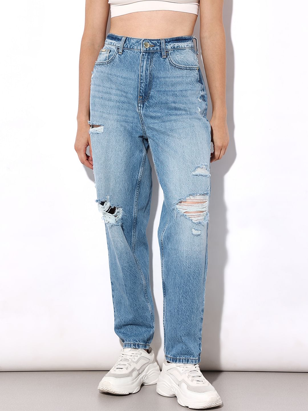 Blue High Rise Distress Jeans