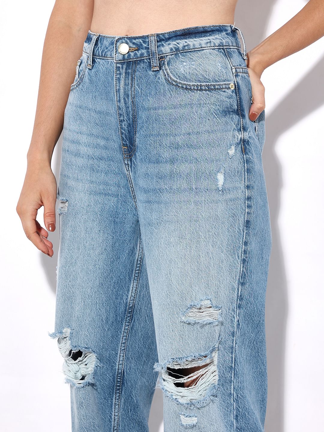 Blue High Rise Distress Jeans