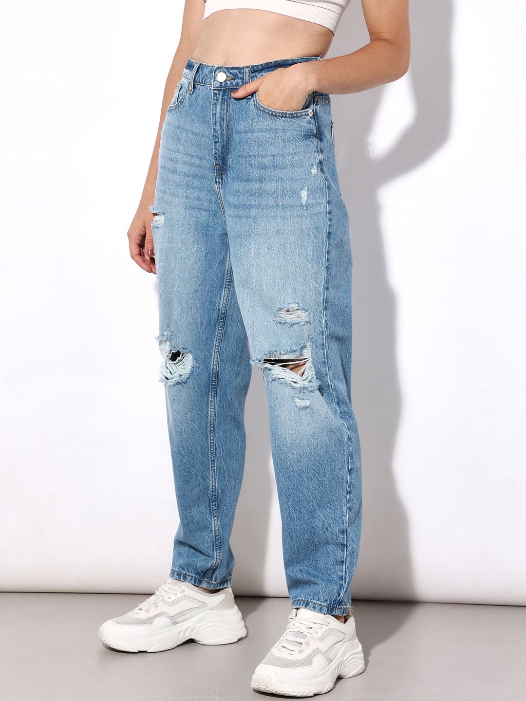 Blue High Rise Distress Jeans