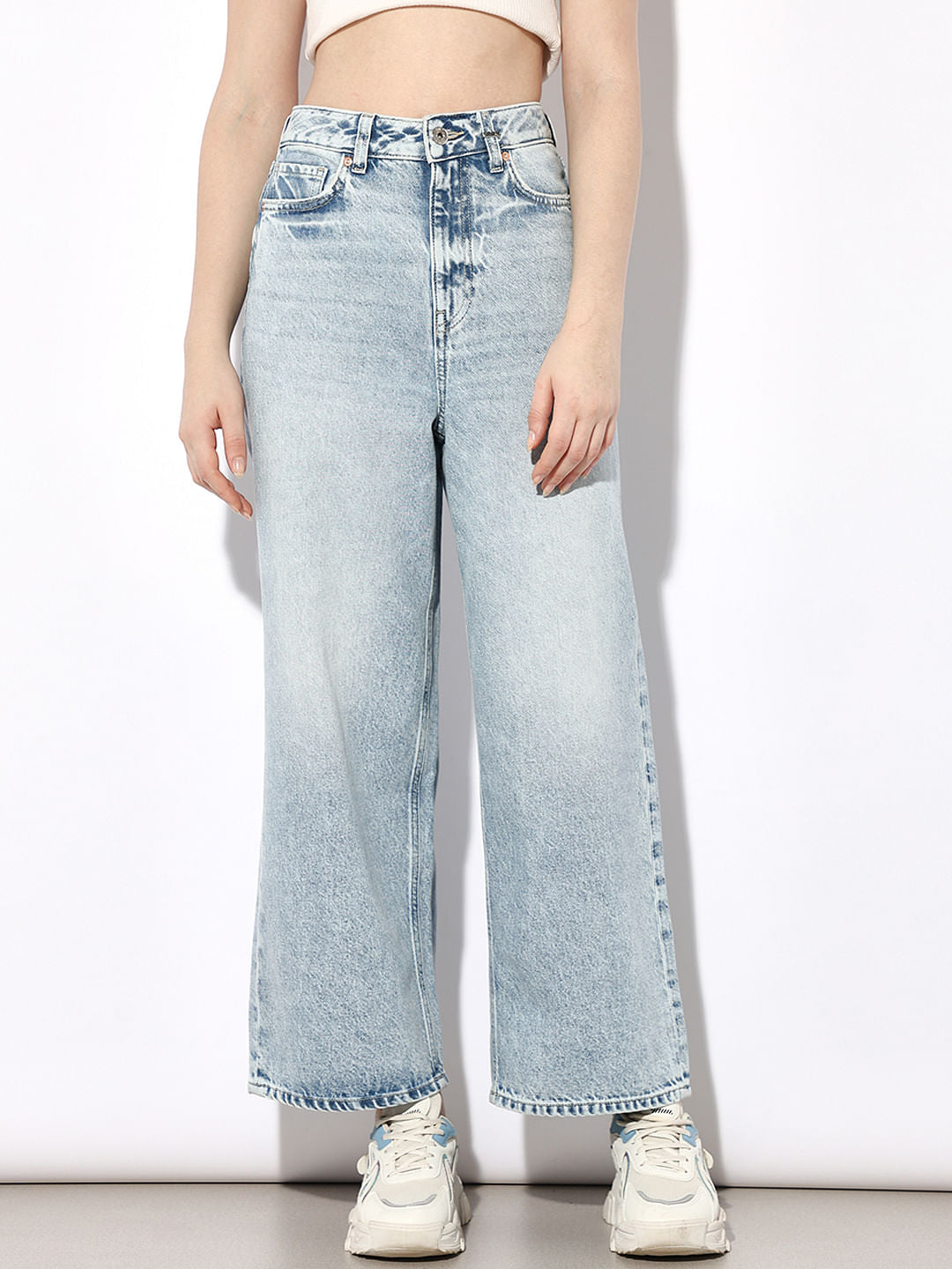 Light Blue High Rise Cotton Wide Leg Jeans