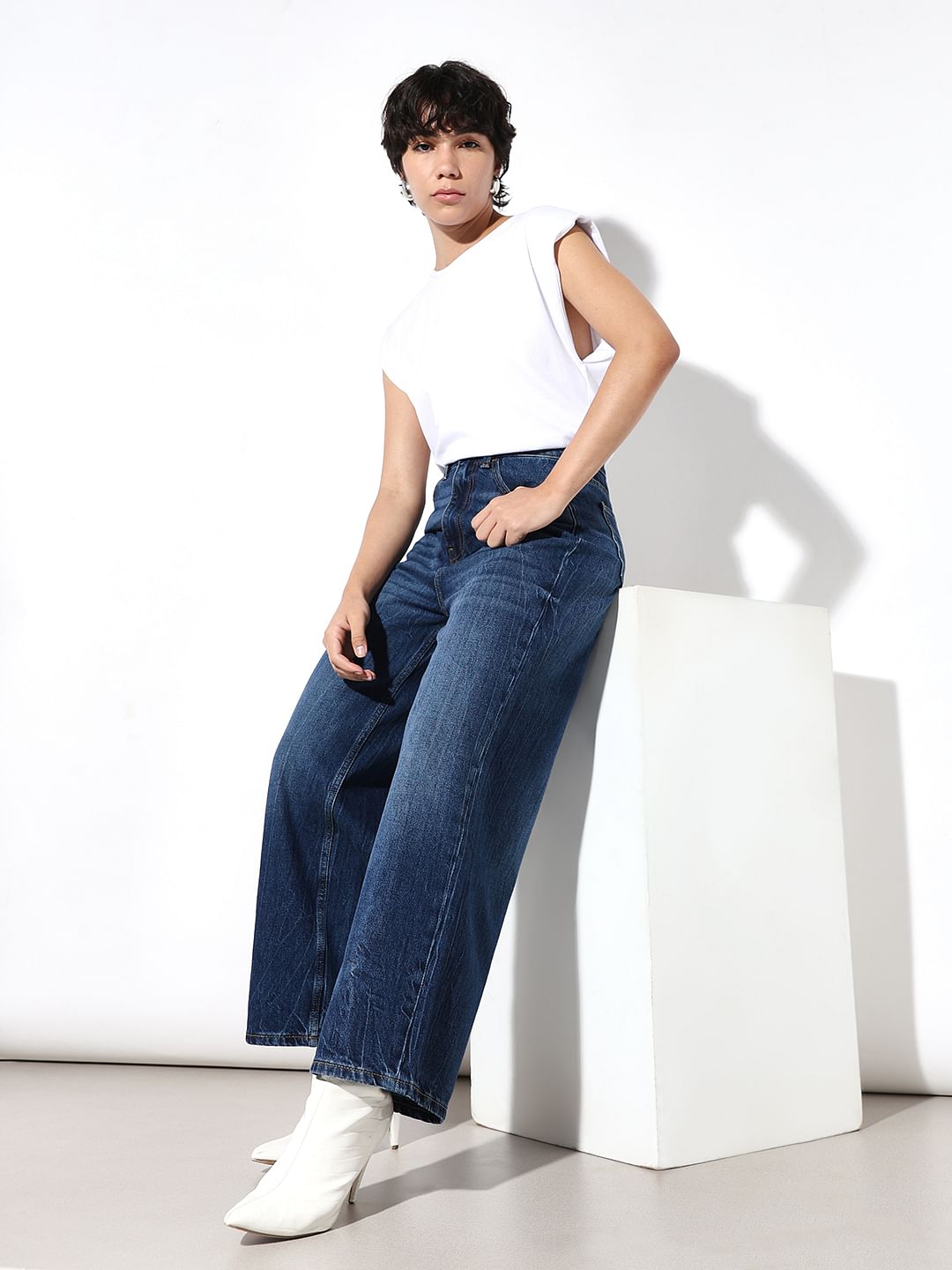 Blue High Rise Wide Leg Jeans