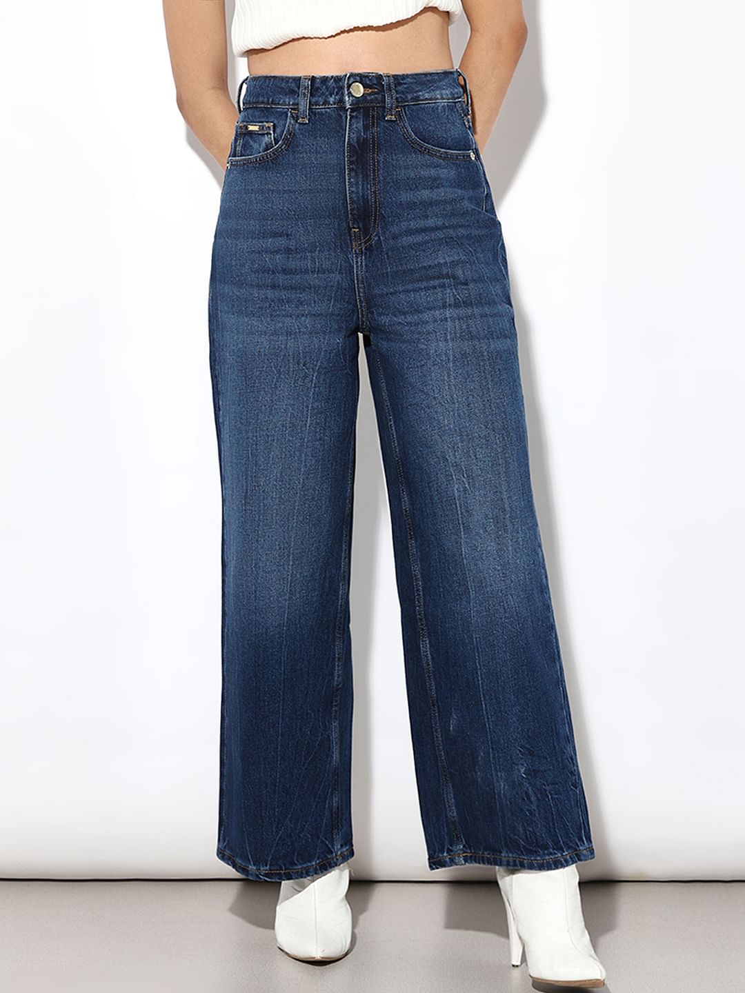 Blue High Rise Wide Leg Jeans
