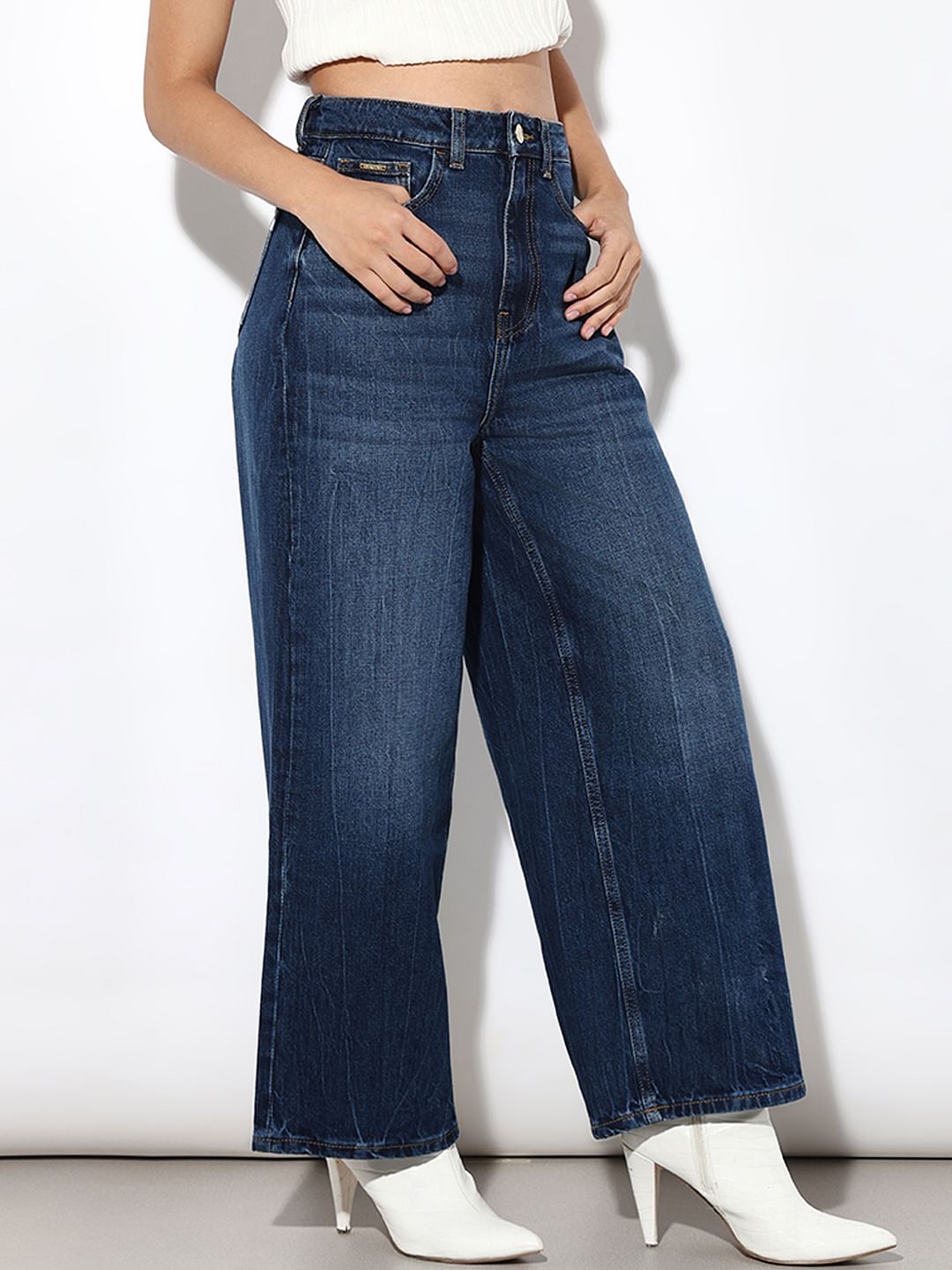 Blue High Rise Wide Leg Jeans
