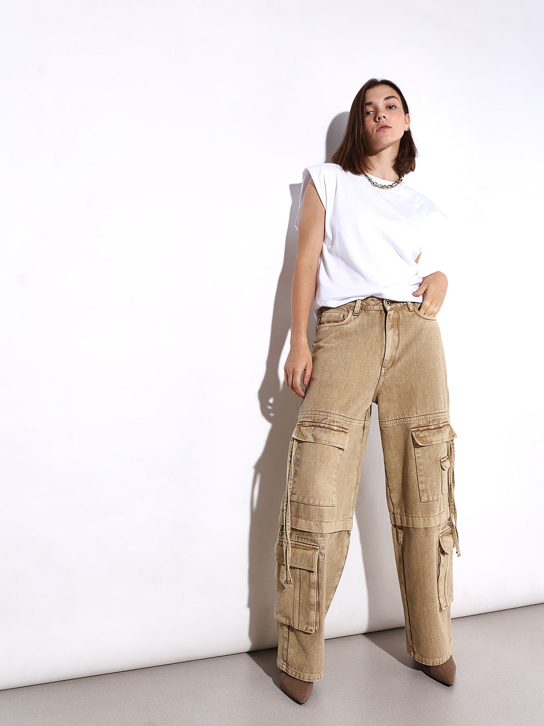Brown High Rise Cargo Jeans