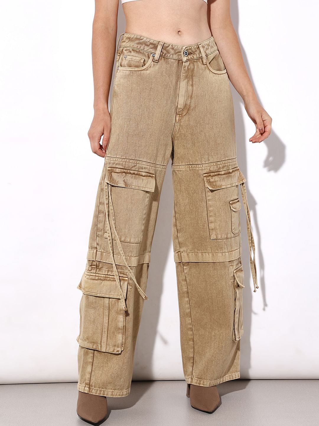 Brown High Rise Cargo Jeans