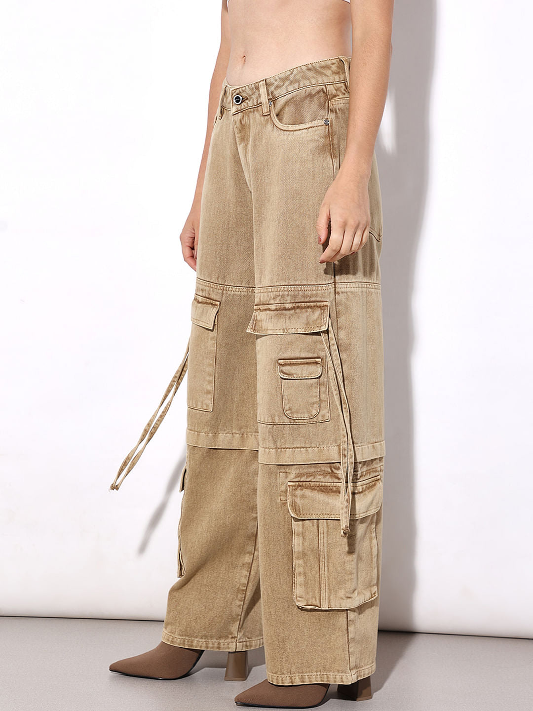 Brown High Rise Cargo Jeans