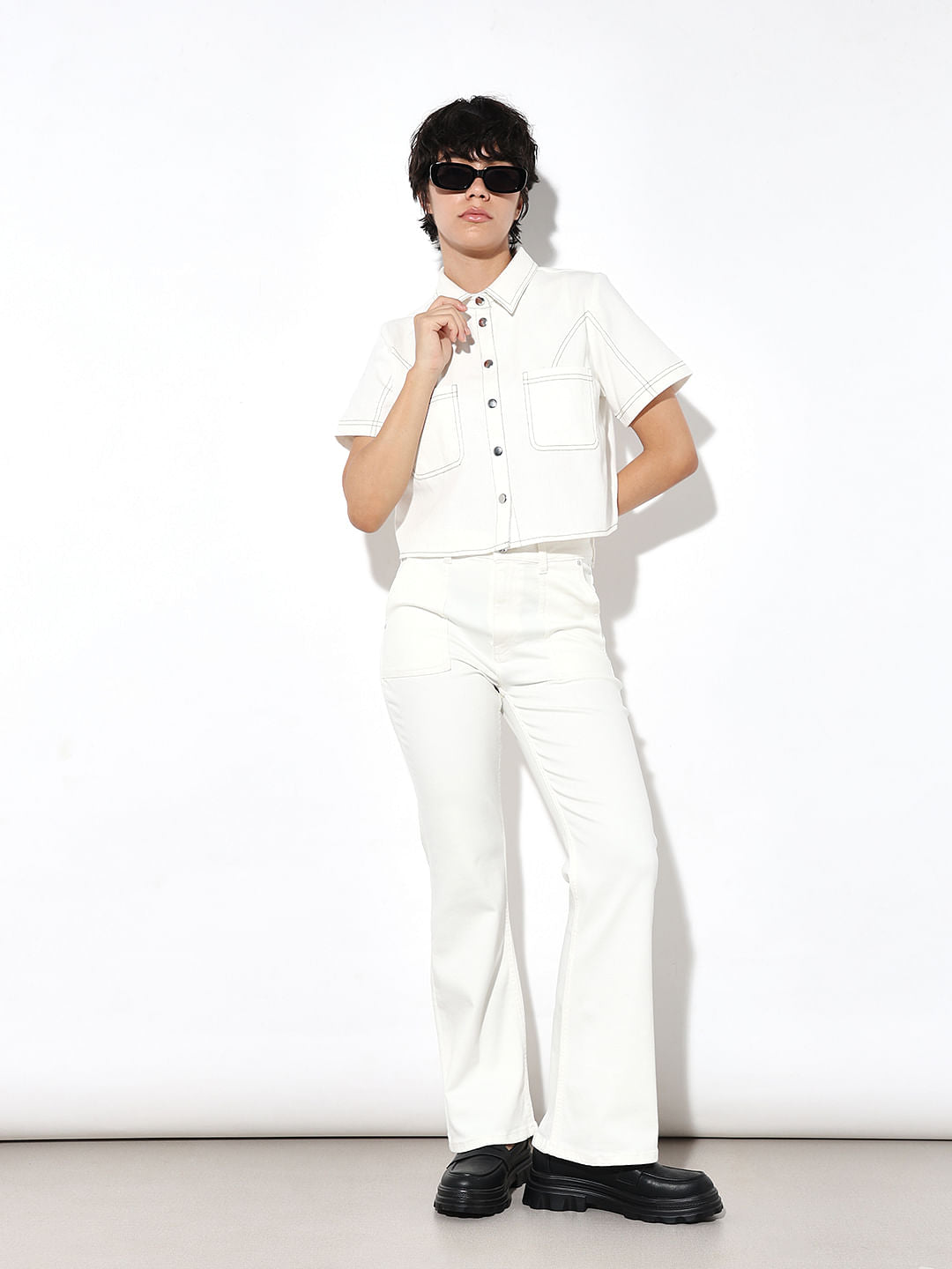 Ecru High Rise Flared Jeans